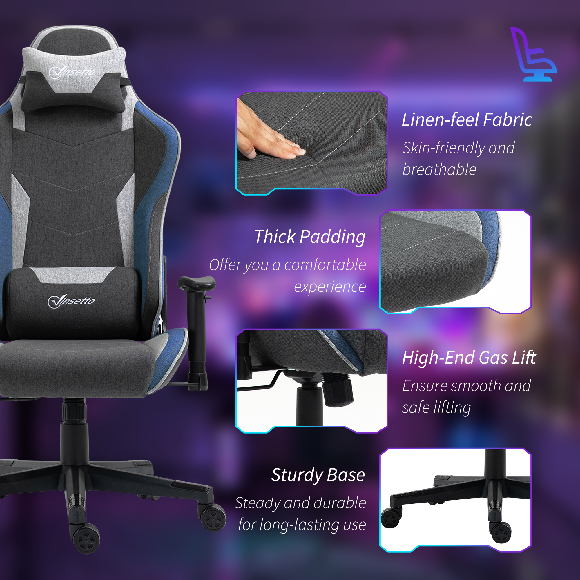  Scaun de Gaming Reclinabil la 150° cu Functie de Leganare, din tesatura cu Aspect de In, 66x53x128-138 cm, Gri [7]