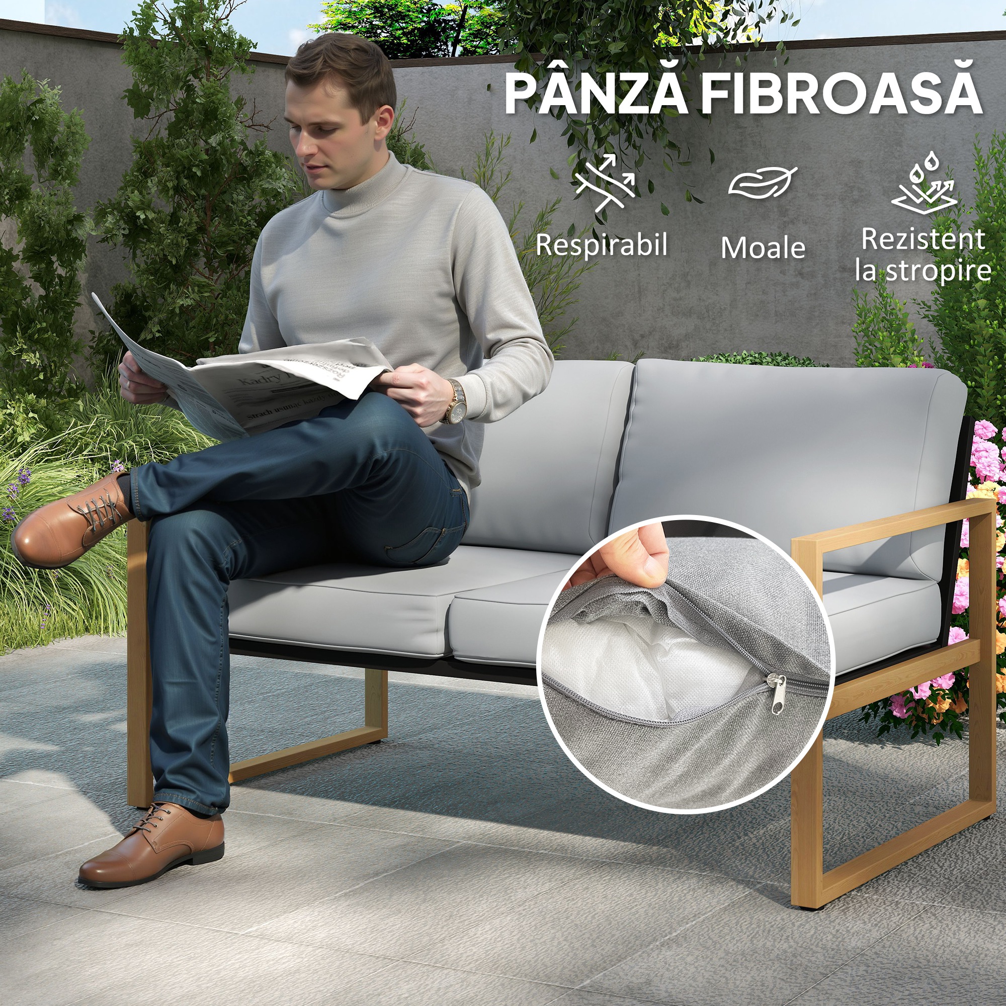 Set de Gradina  4 Piese cu 2 Fotolii, Divan si Masuta, din Aluminiu si Fibra, Gri si Culoare Lemn [5]