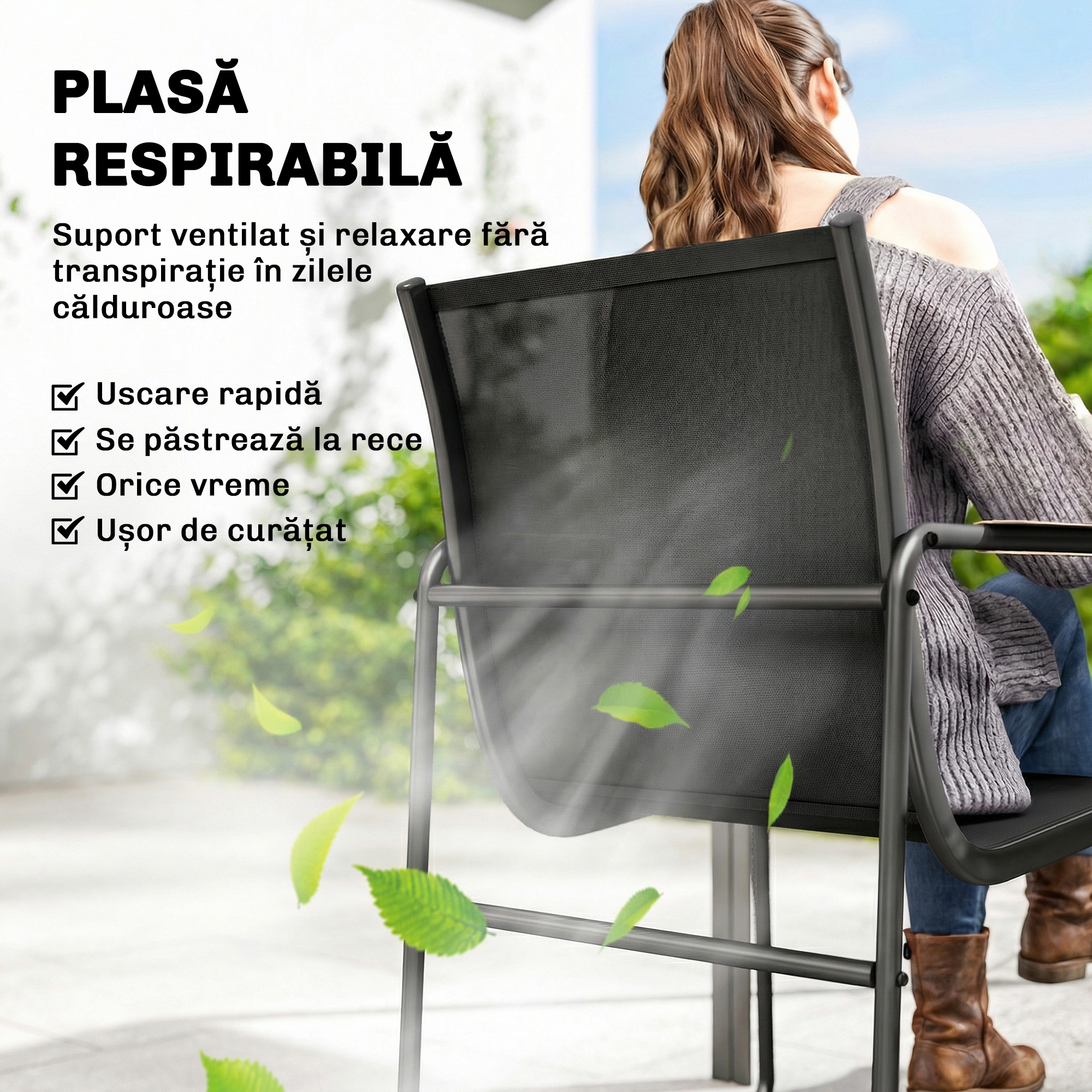  Set Masa si Scaune de Gradina 7 Piese, Set Pranz Exterior cu Masa din Sticla Temperata, 6 Scaune din Texteline Respirabil, Cotiere Decorative, Structura din Otel pentru Terasa Balcon, Negru [3]