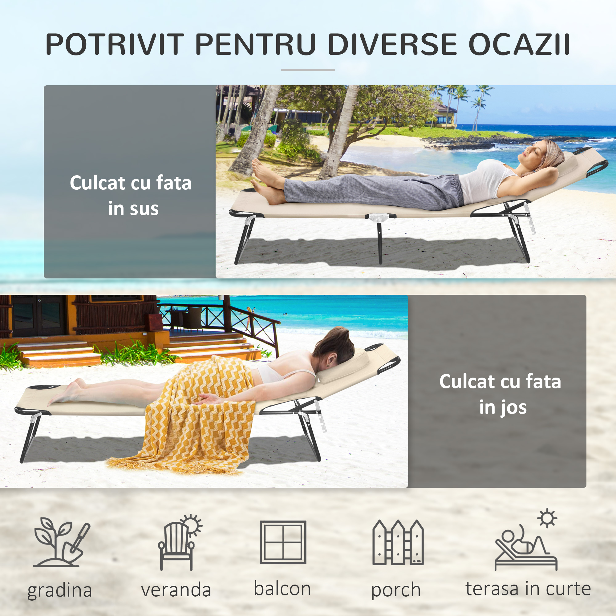  sezlong Pliabil cu Orificiu pentru Fata Captusit si Spatar Rabatabil, Bej [4]