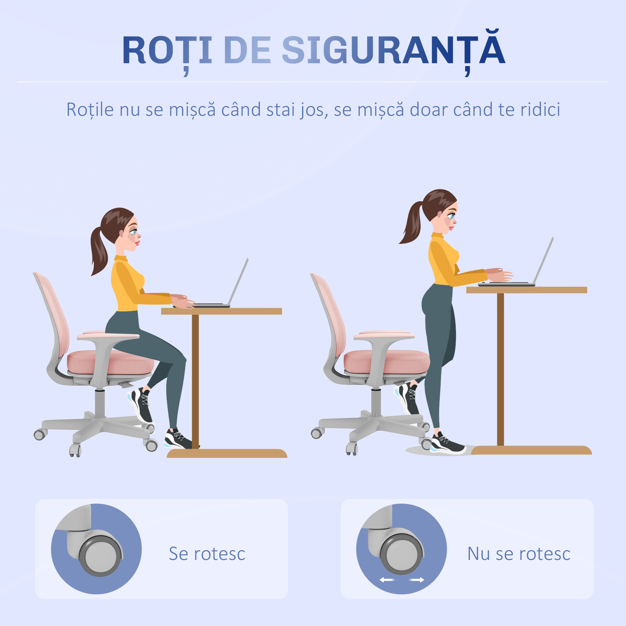  Scaun de birou ergonomic, reglabil pe inaltime, cu 5 roti, 55x48x82.5-94.5 cm, roz [3]