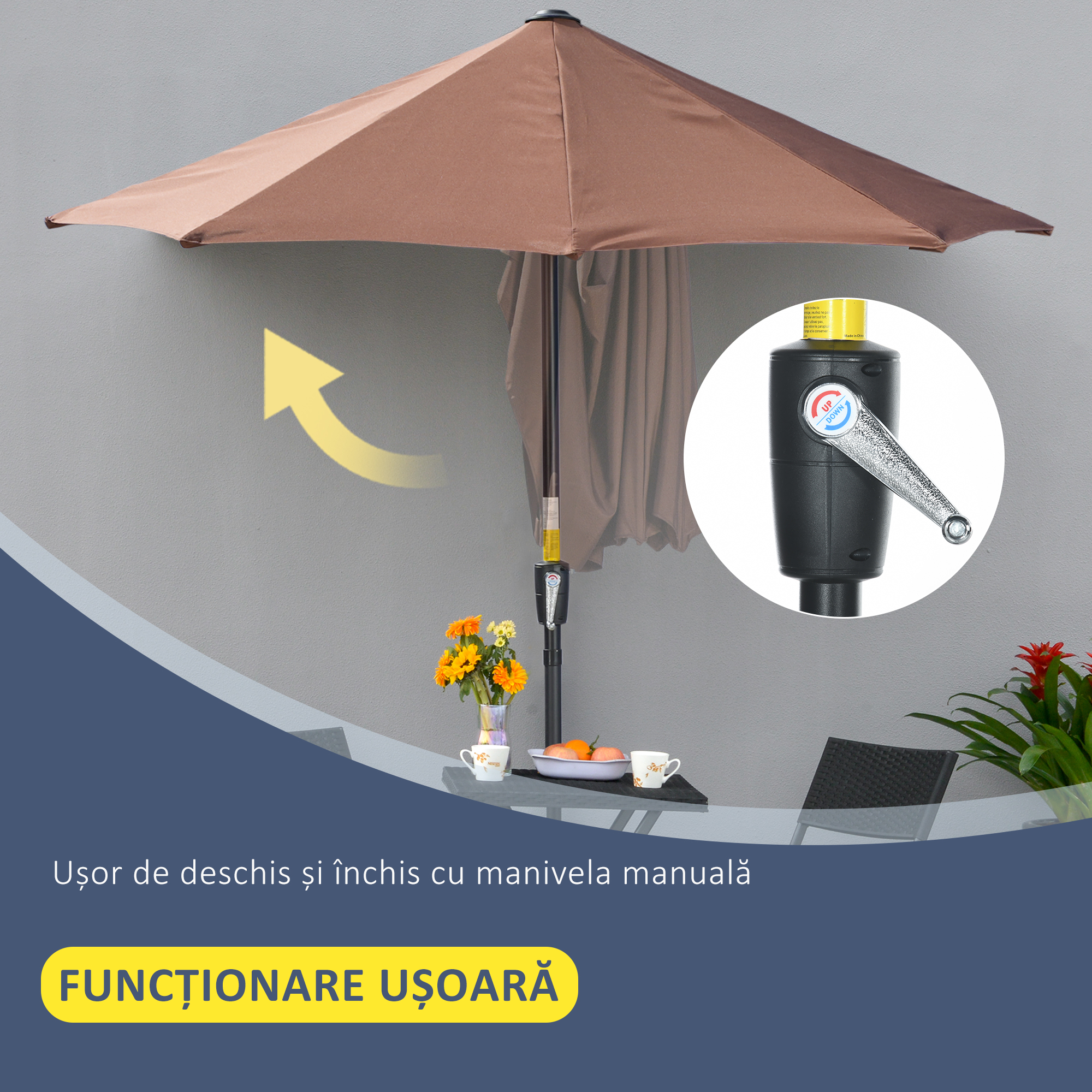  Umbrela de Terasa 200x190x240 cm cu Manivela, Stalp din Otel si Baza in Forma de Cruce Anti-UV pentru Terasa si Balcon, Gri [4]