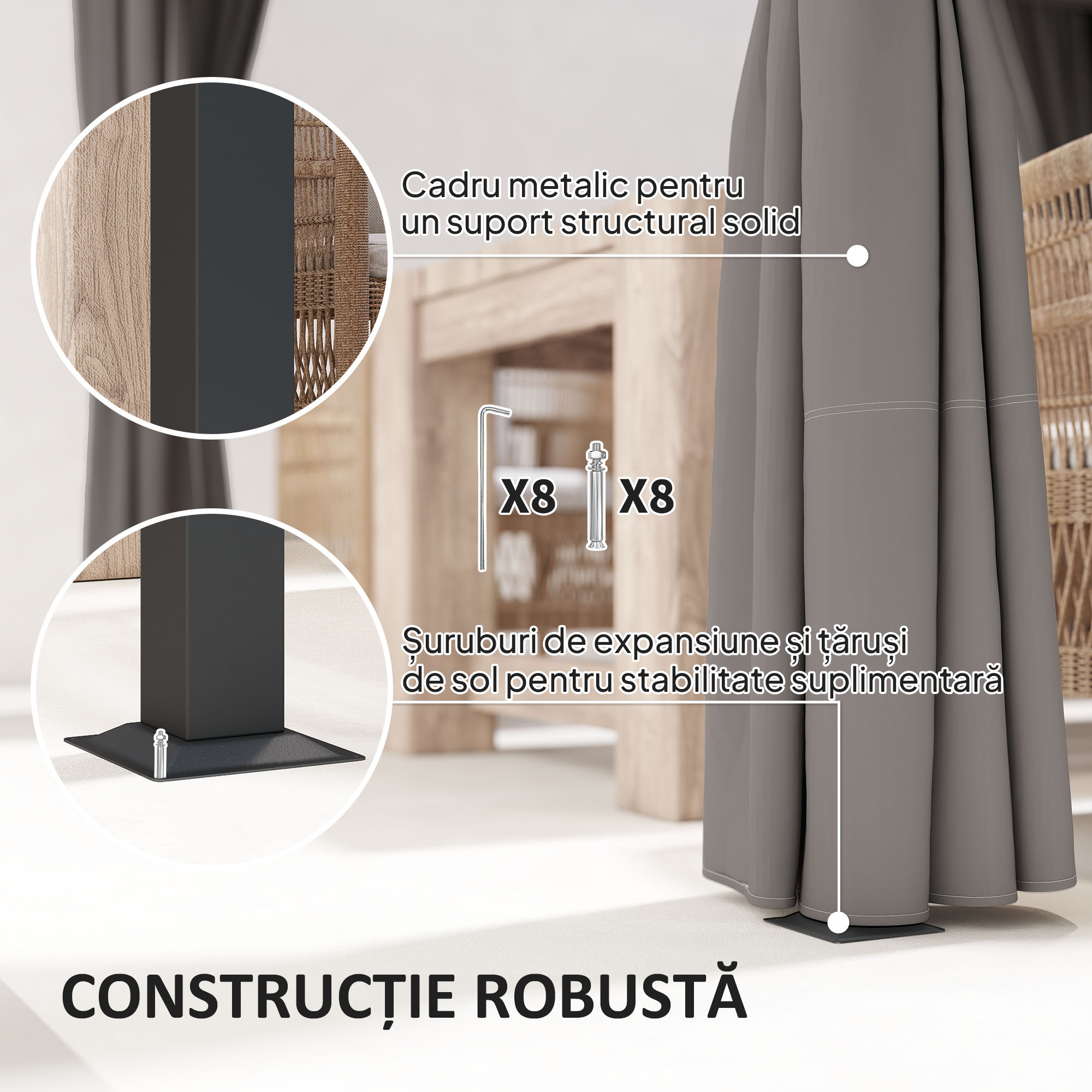  Pergola de Gradina cu Acoperis Retractabil si Draperii, din Metal si Poliester, 300x300x227 cm, Gri Deschis [5]