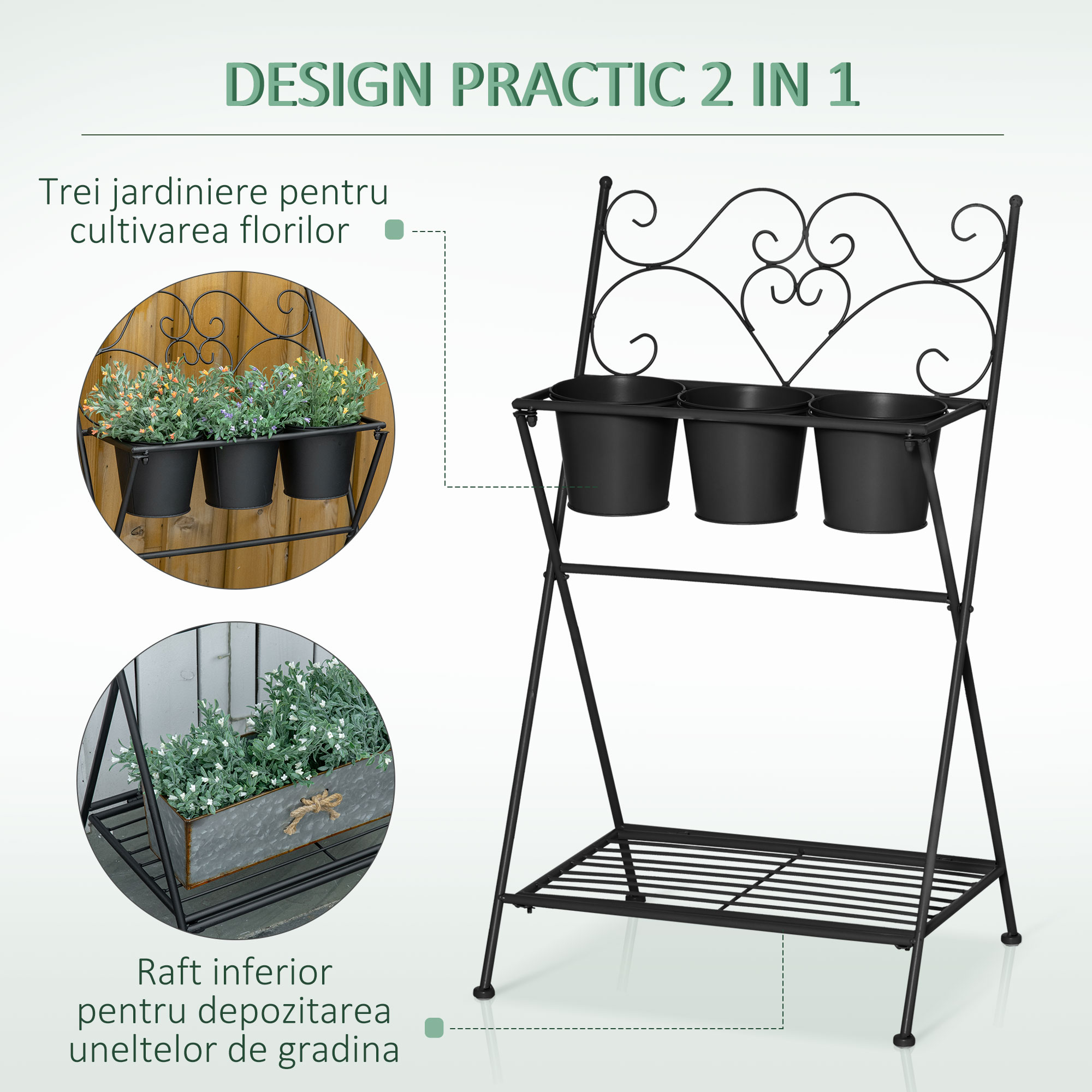 Suport pentru plante din Metal Pliabil  cu 3 Ghivece, Raft pentru Plante cu Etajera pentru Casa si Gradina, 47x37x78,5 cm, Negru [3]