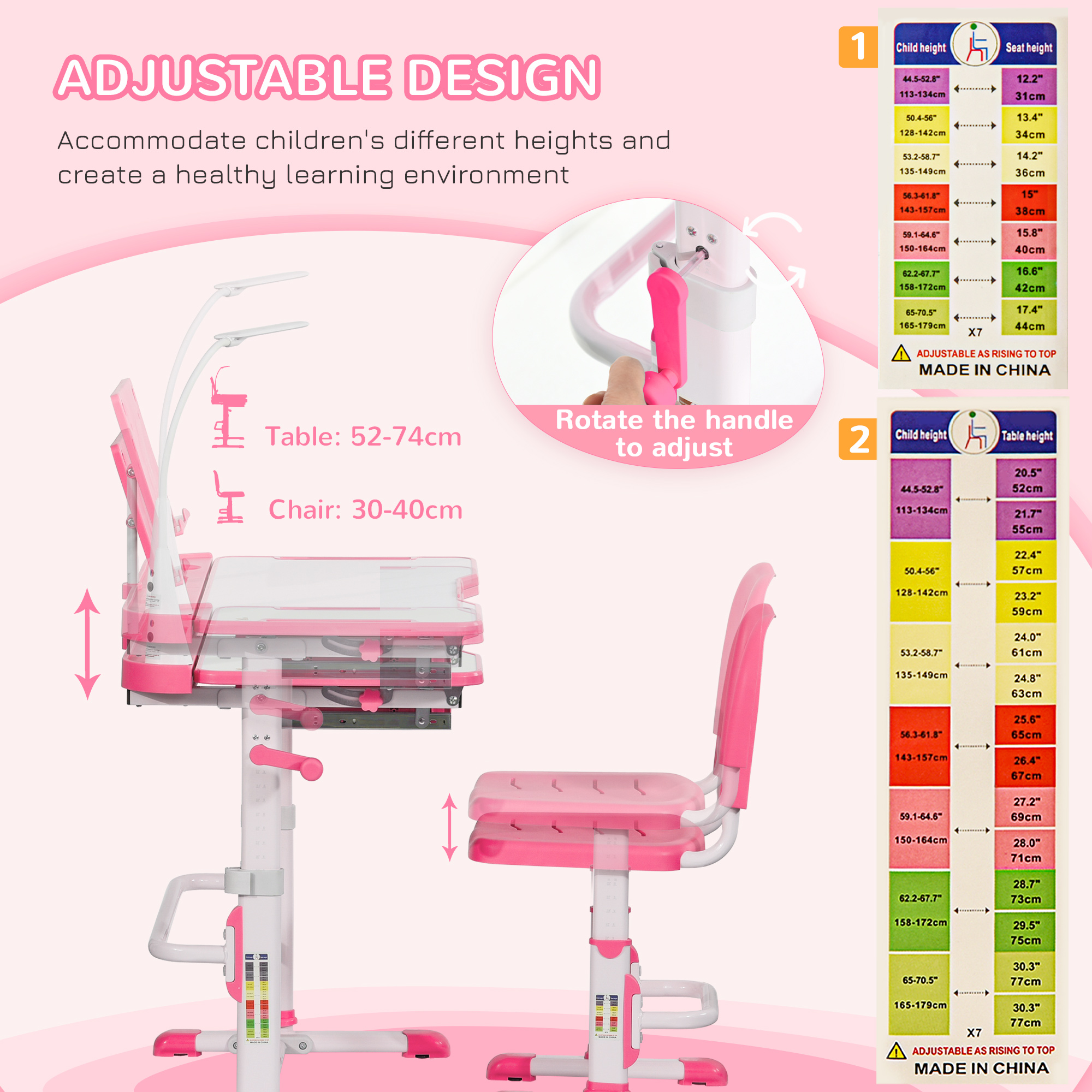  Birou pentru Copii cu Scaun Reglabil, Masa cu Sertar, Lampa si Suprafata inclinabila, 80x49,5x82-104 cm, Roz [3]