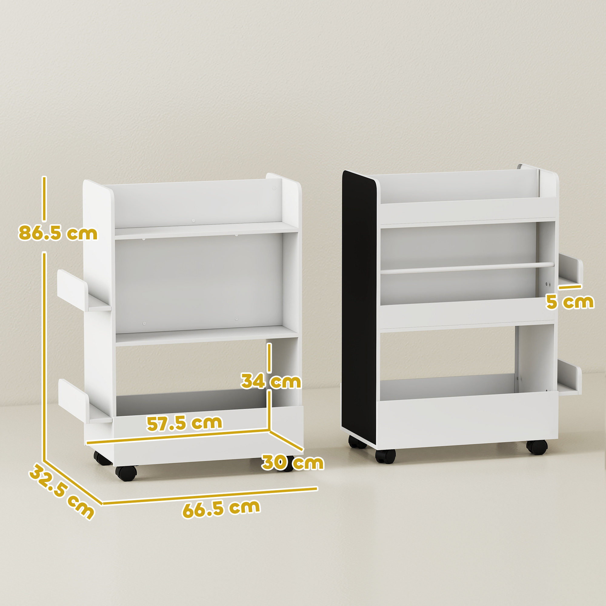  Biblioteca pentru Copii 3-8 Ani pe Doua Parti, Raft de Jucarii cu Roti si Tabla Neagra, Alb [2]
