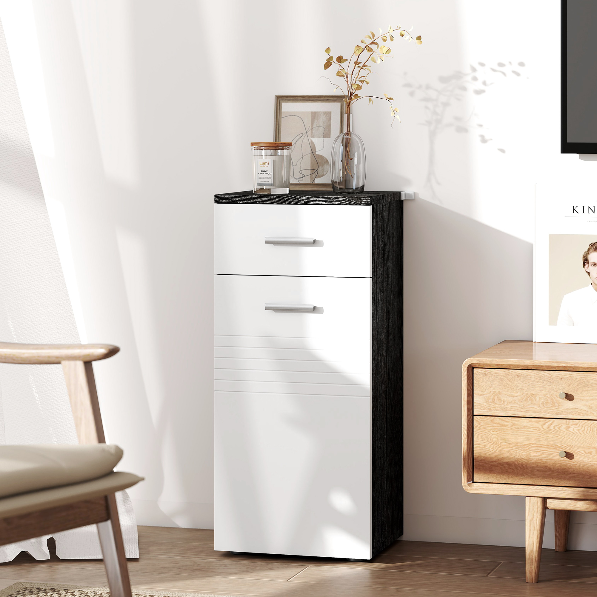  Dulap Baie din Lemn cu Sertar si Rafturi, Design Alb si Negru [7]