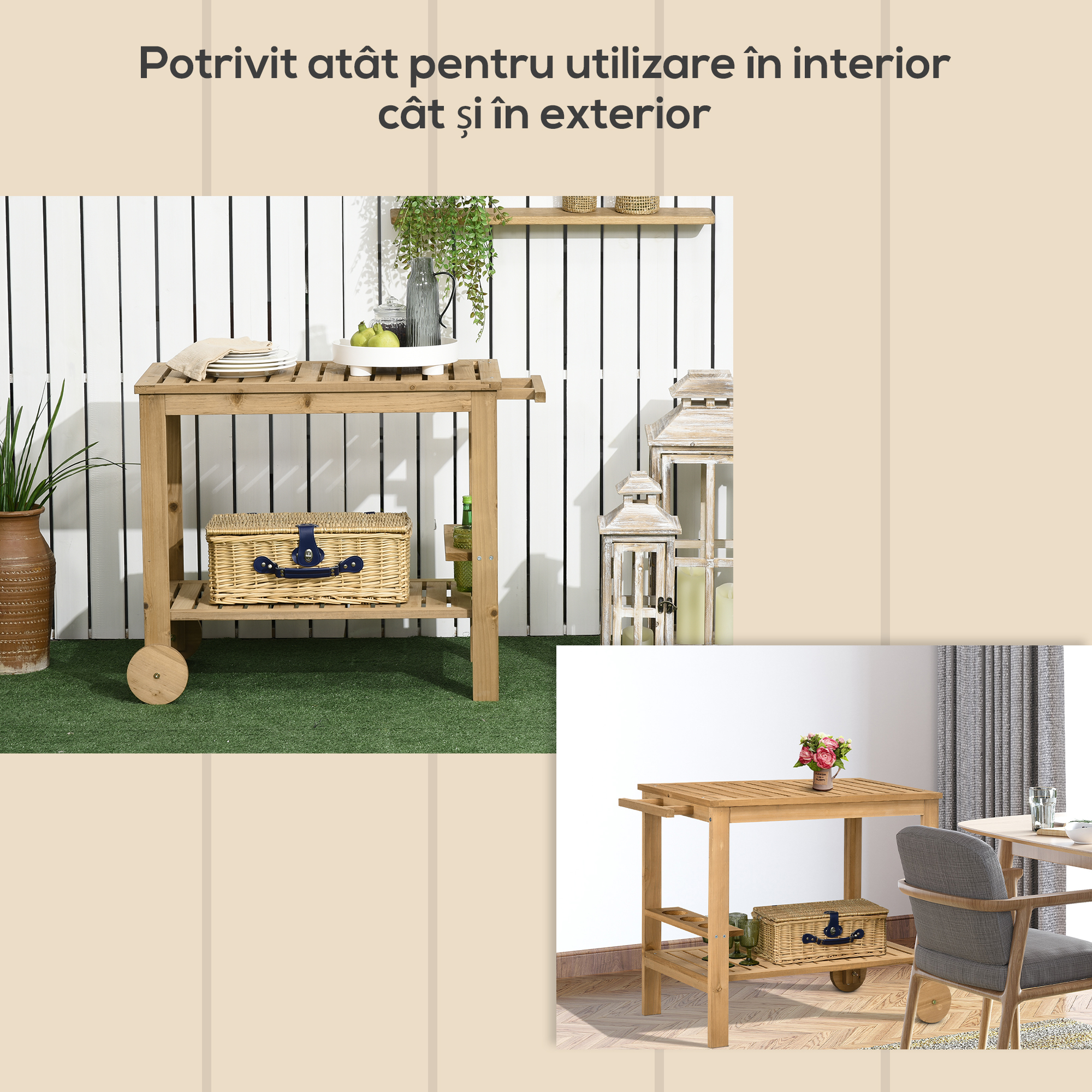  Carucior de Servire pentru Gradina din Lemn de Brad, Carucior cu Rafturi si Suport pentru Sticle, 95x47x74 cm, Natural [6]