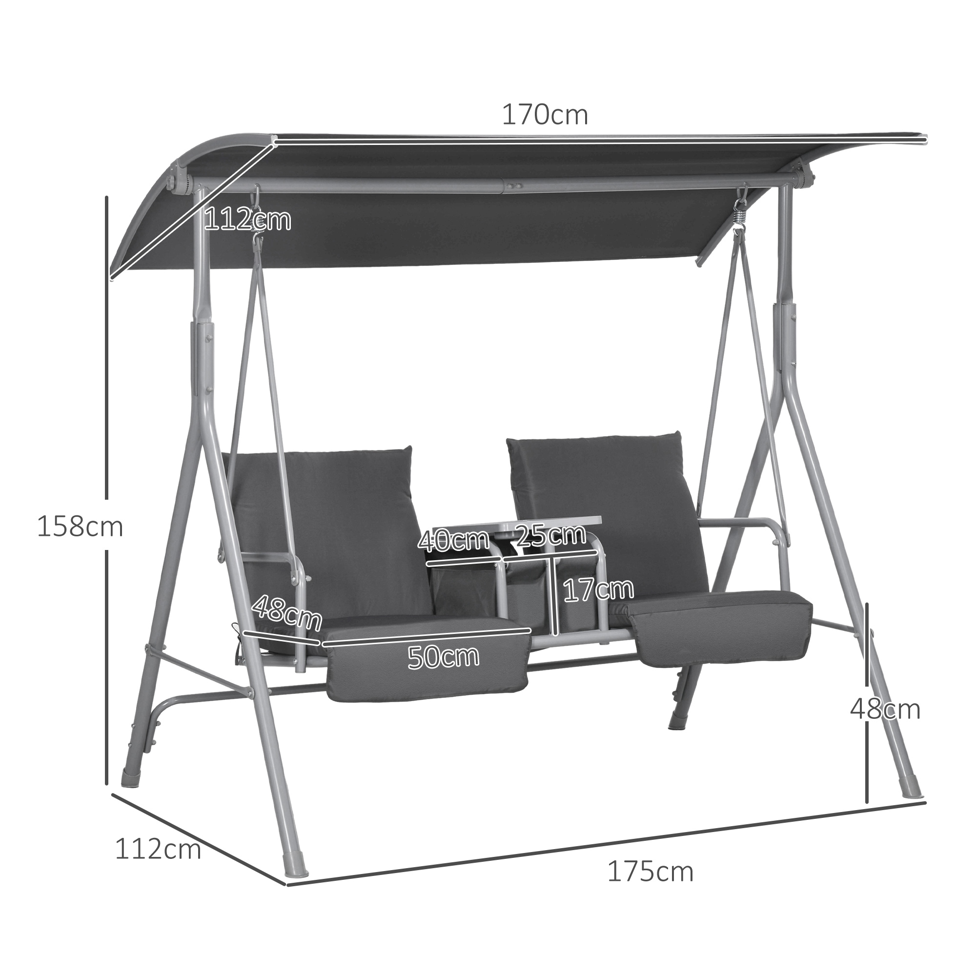  Balansoar Exterior cu Masuta de Cafea si Suport Central pentru Pahare, Leagan cu 2 Locuri si Acoperis, 175x112x158 cm, Gri [2]