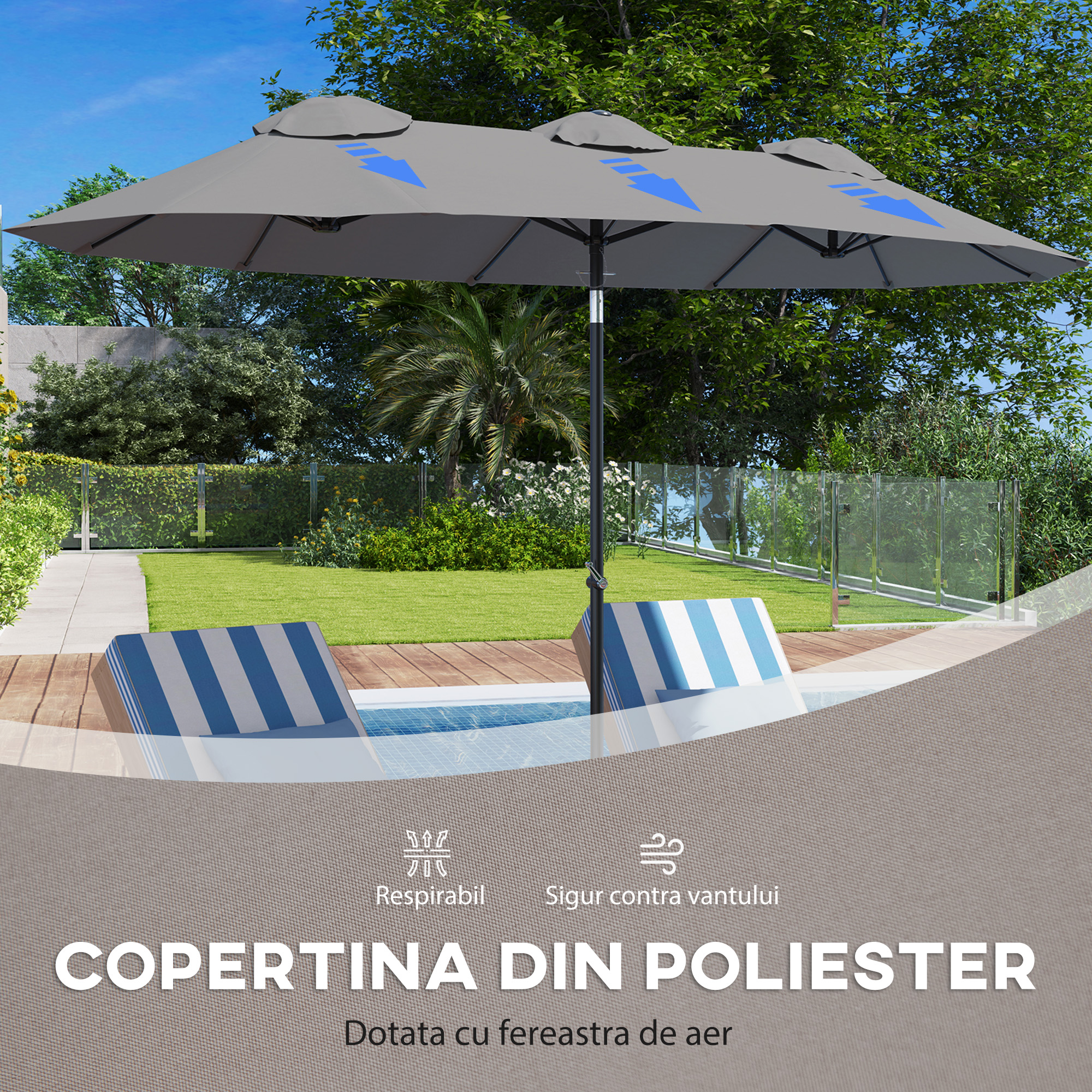  Umbrela de Gradina Dubla inclinabila 45°, cu Manivela si 3 Orificii de Ventilatie, 295x152x222 cm, Gri [6]