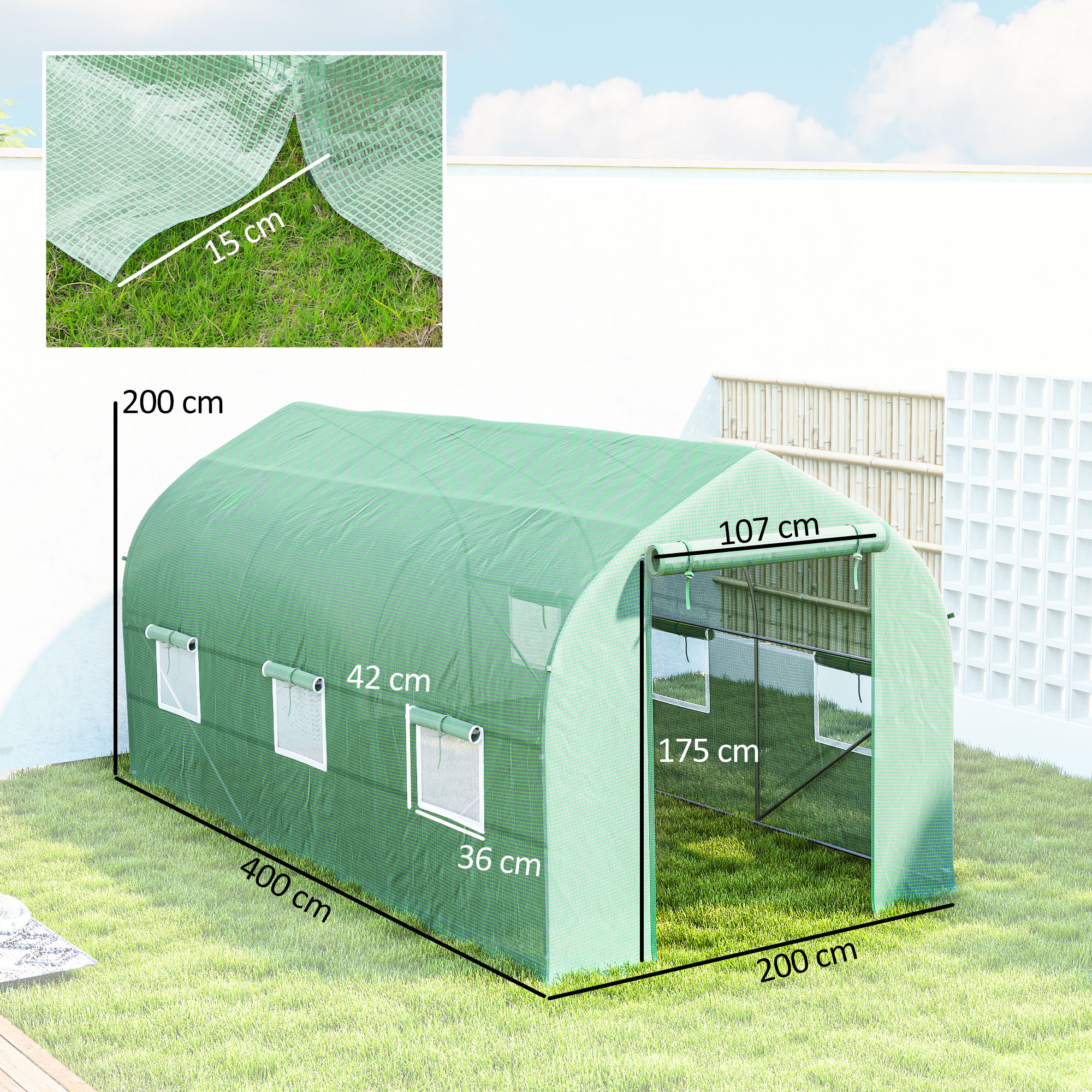  Sera Tip Tunel Anti-UV cu 6 Ferestre cu Plasa si Intrare Rulabila, din Metal si PE, 4x2x2 m, Verde [2]