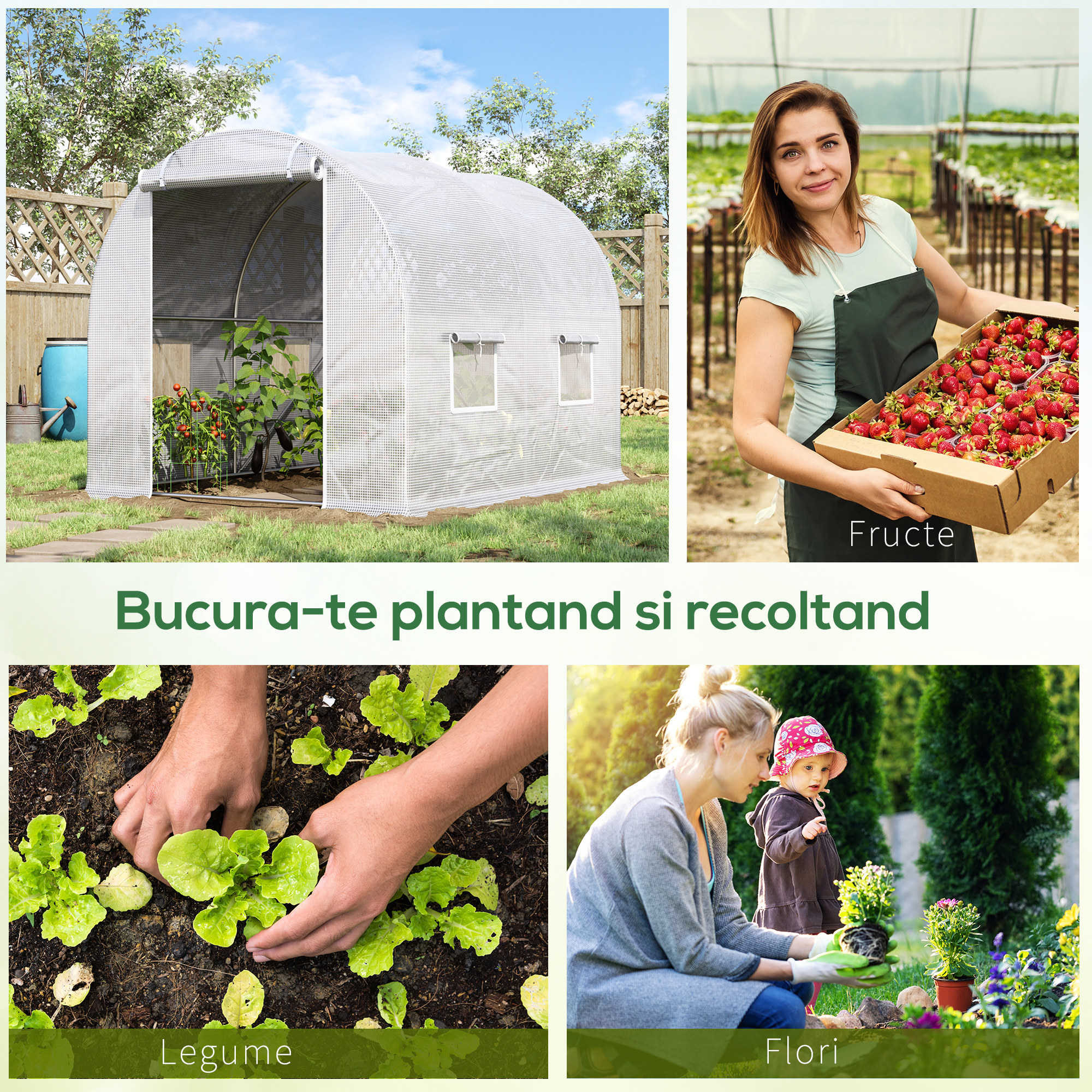  Sera tip tunel cu 4 ferestre si intrare cu fermoar din otel galvanizat si polietilena, 3x2x1,9 m, alba [6]