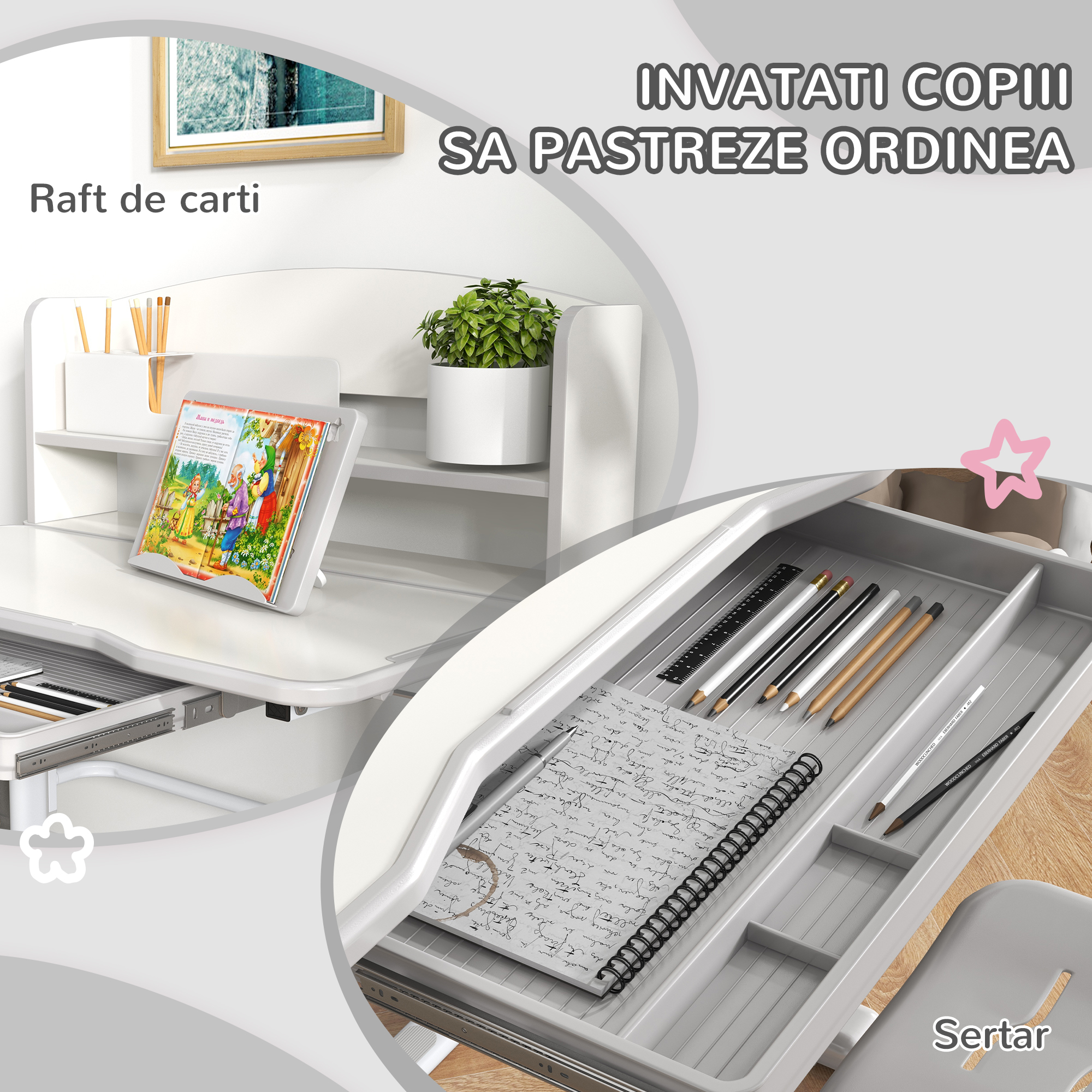  Set Birou si Scaun pentru Copii Reglabil in Inaltime Birou de Studiu pentru Copii pentru Scoala cu Sertar Raft pentru Carti Masa cu Unghi Reglabil Covoras [4]