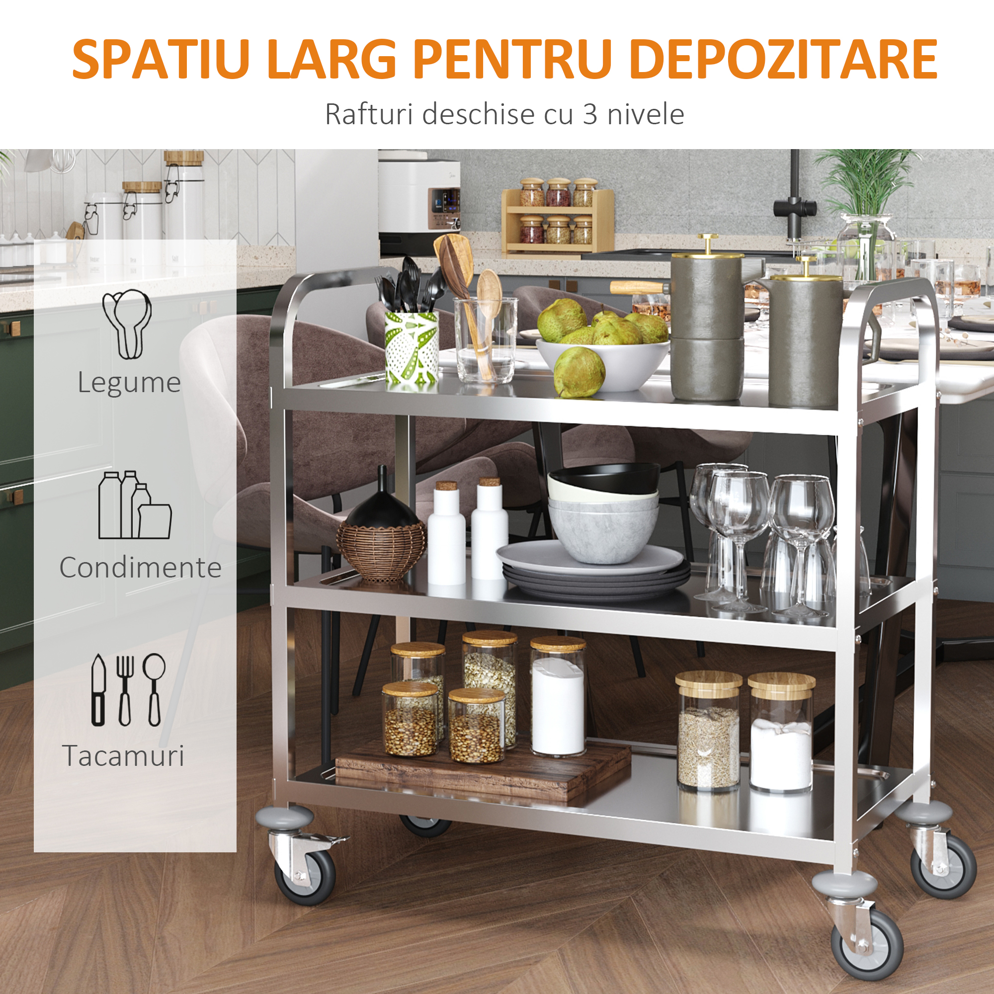  Carucior Pentru Bucatarie 3 Rafturi in Otel Inox 85x45x90cm [3]
