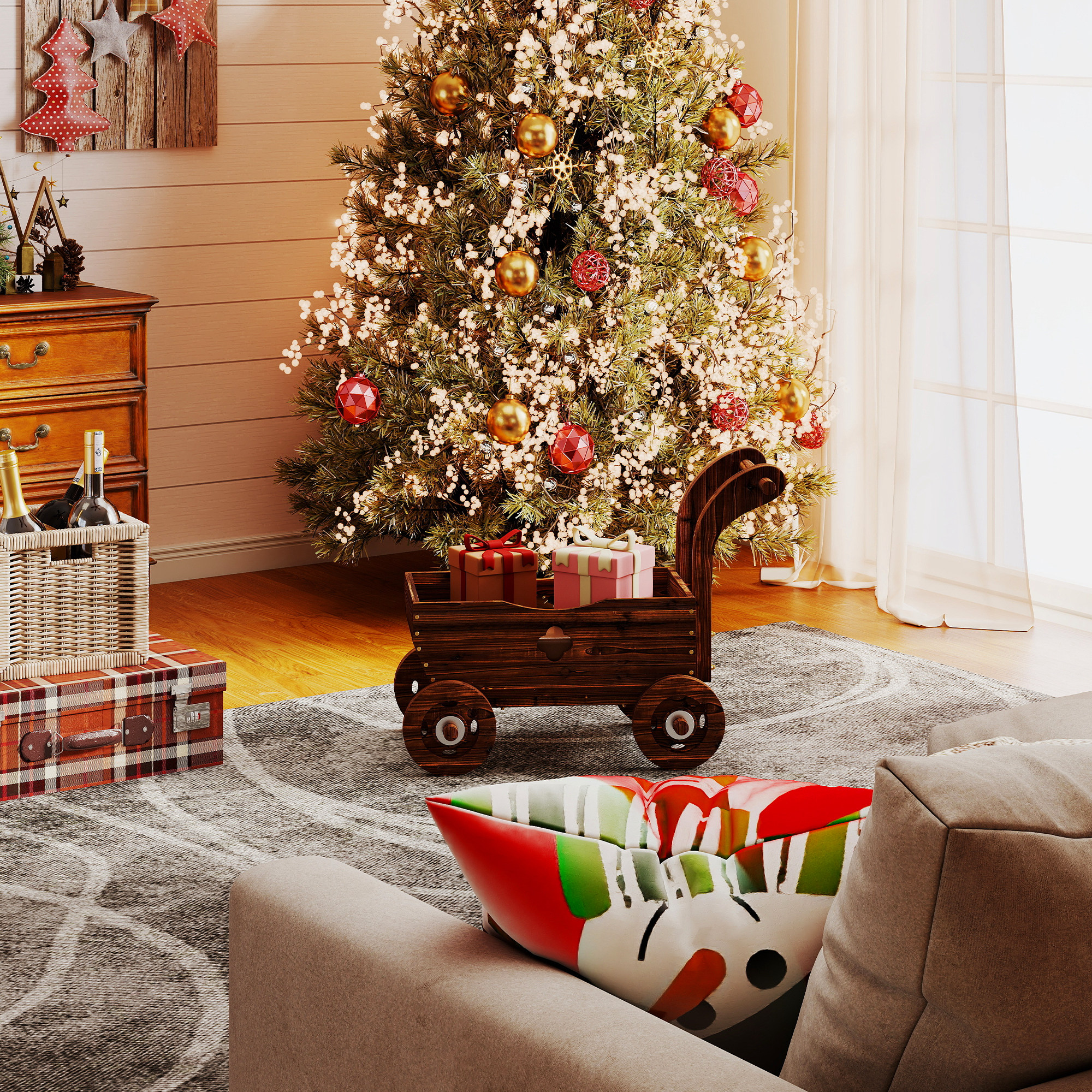  Strat inaltat pentru Gradina in Forma de Carucior cu 4 Roti si Maner, Ghiveci din Lemn de Molid cu Gauri de Drenaj, pentru Balcon, Terasa, 68x38x52 cm, Finisaj Carbonizat [8]