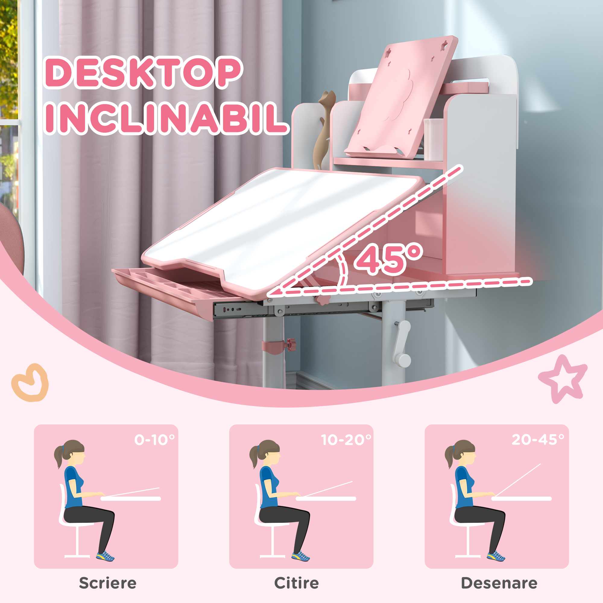  Set Birou pentru Copii 3-12 Ani Reglabil pe inaltime si Blat inclinabil la 45°, 80x55x107.5 cm, Culoare Roz [3]