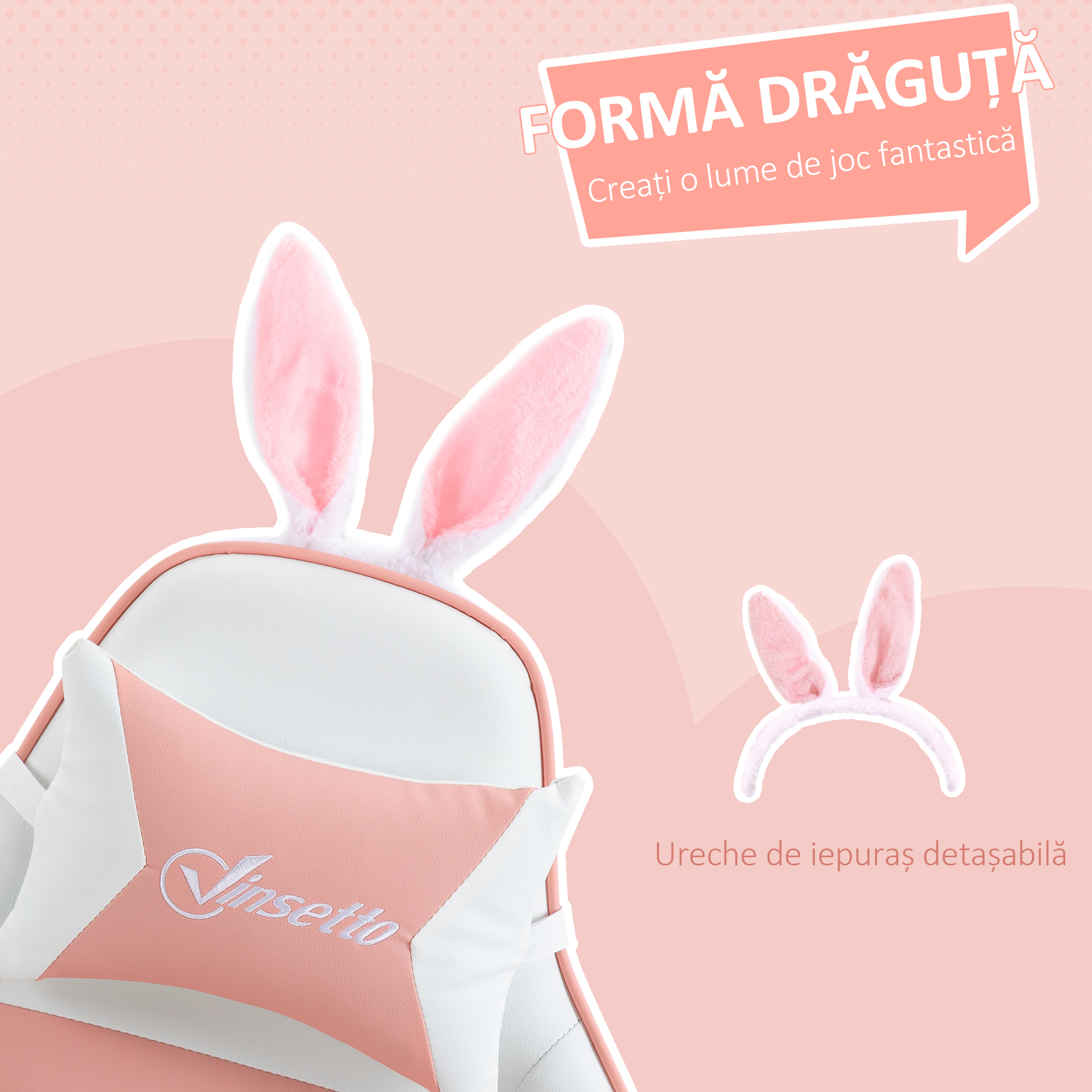  Scaun de Gaming Ergonomic cu Urechi de Iepure si Suport pentru Picioare Extensibil, 65x63x136-142 cm, Roz [3]