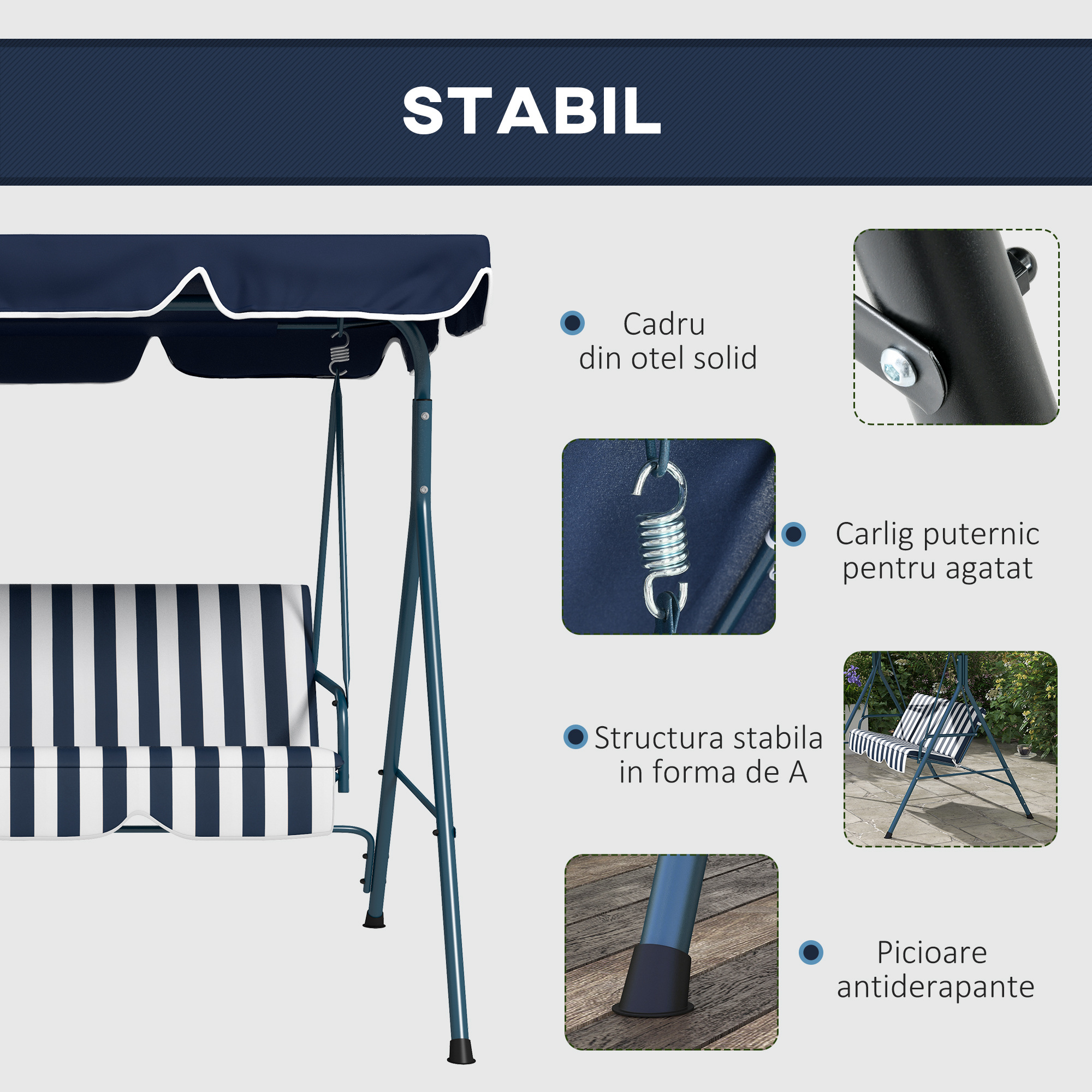  Leagan de Gradina cu 3 Locuri cu Acoperis Solar, Balansoar in Aer Liber cu Structura din Otel si Poliester, 172x110x153 cm, Alb si Albastru [4]