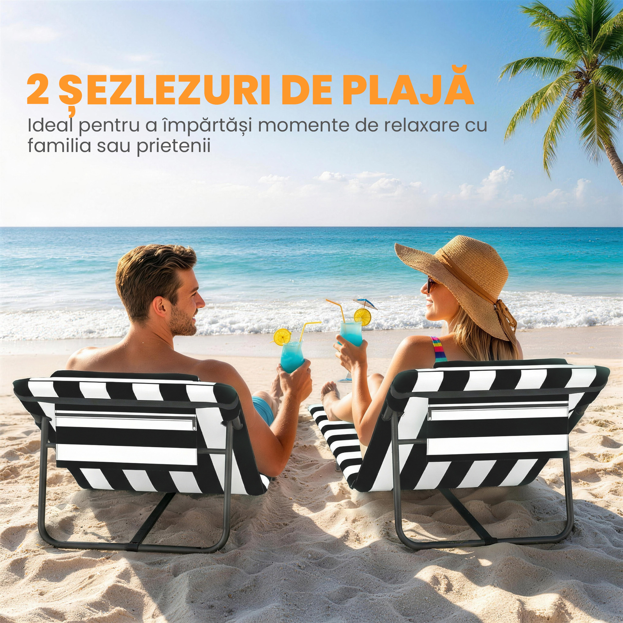  Set 2 sezlonguri de Plaja cu Tetiera Captusita, din Metal si tesatura Oxford, 150x50x2 cm, Gri si Alb [3]
