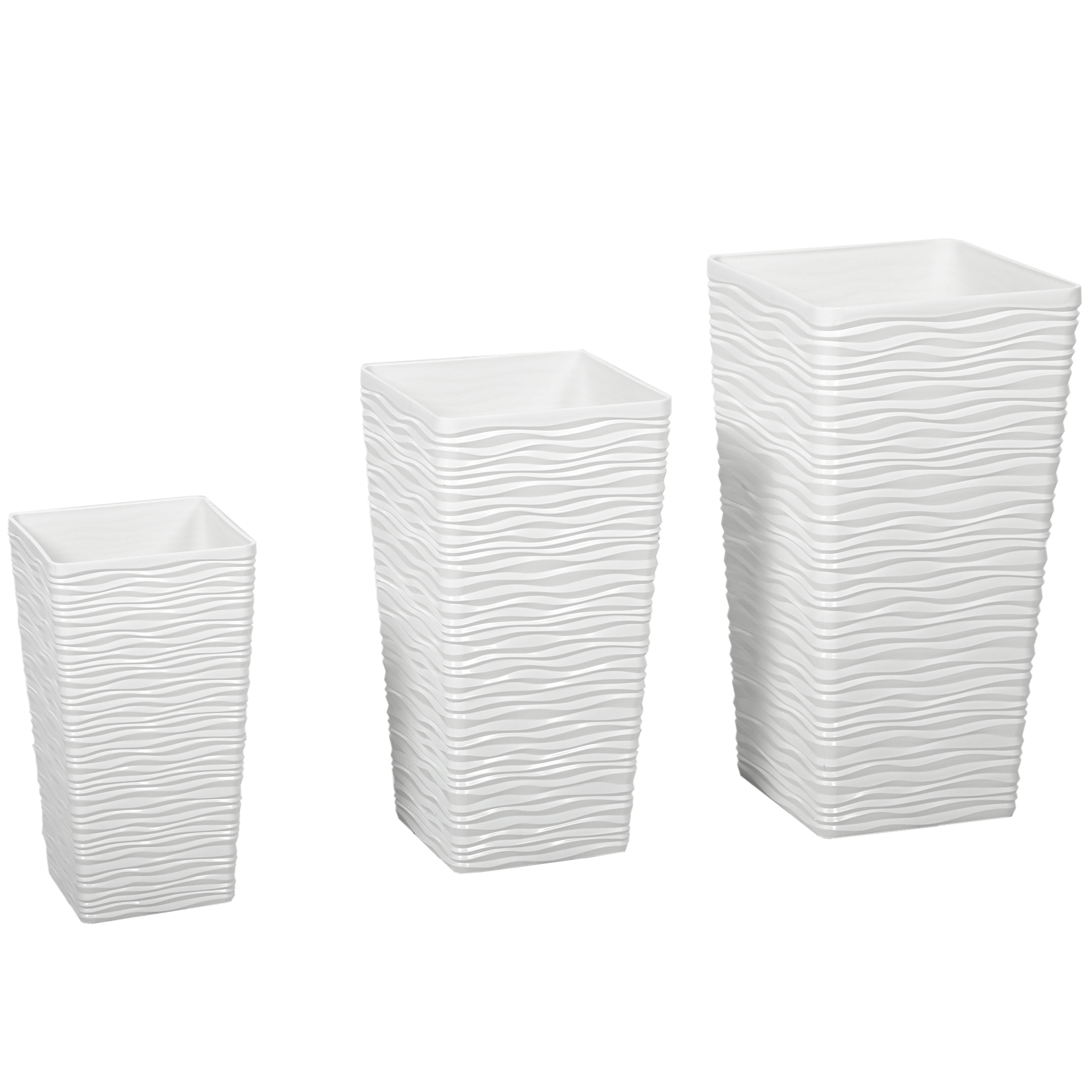 Living & hol -  Set 3 Ghivece de Exterior Suprapozabile cu Model Ondulat din Plastic, 42/55/65 cm, Alb