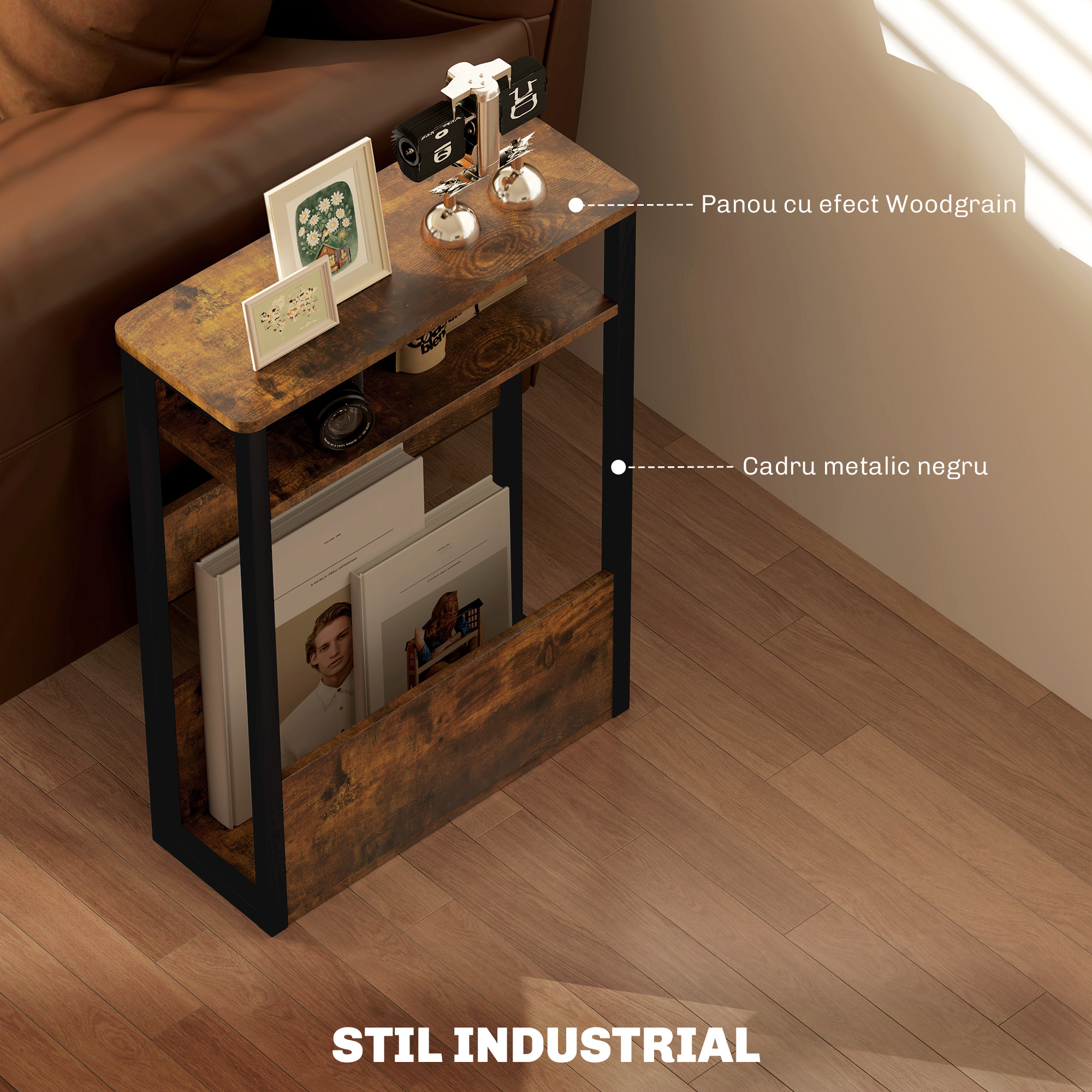  Masa de cafea in stil industrial pentru living, cu 2 rafturi, din lemn si metal, 46x18x58,5 cm, maro [6]