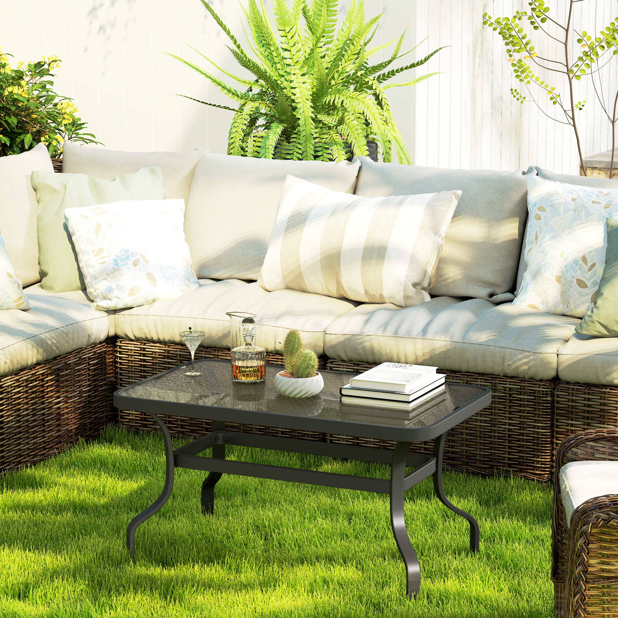  Masuta de Cafea pentru Exterior cu Blat din Sticla Securizata, 95x55x46 cm, Negru [6]