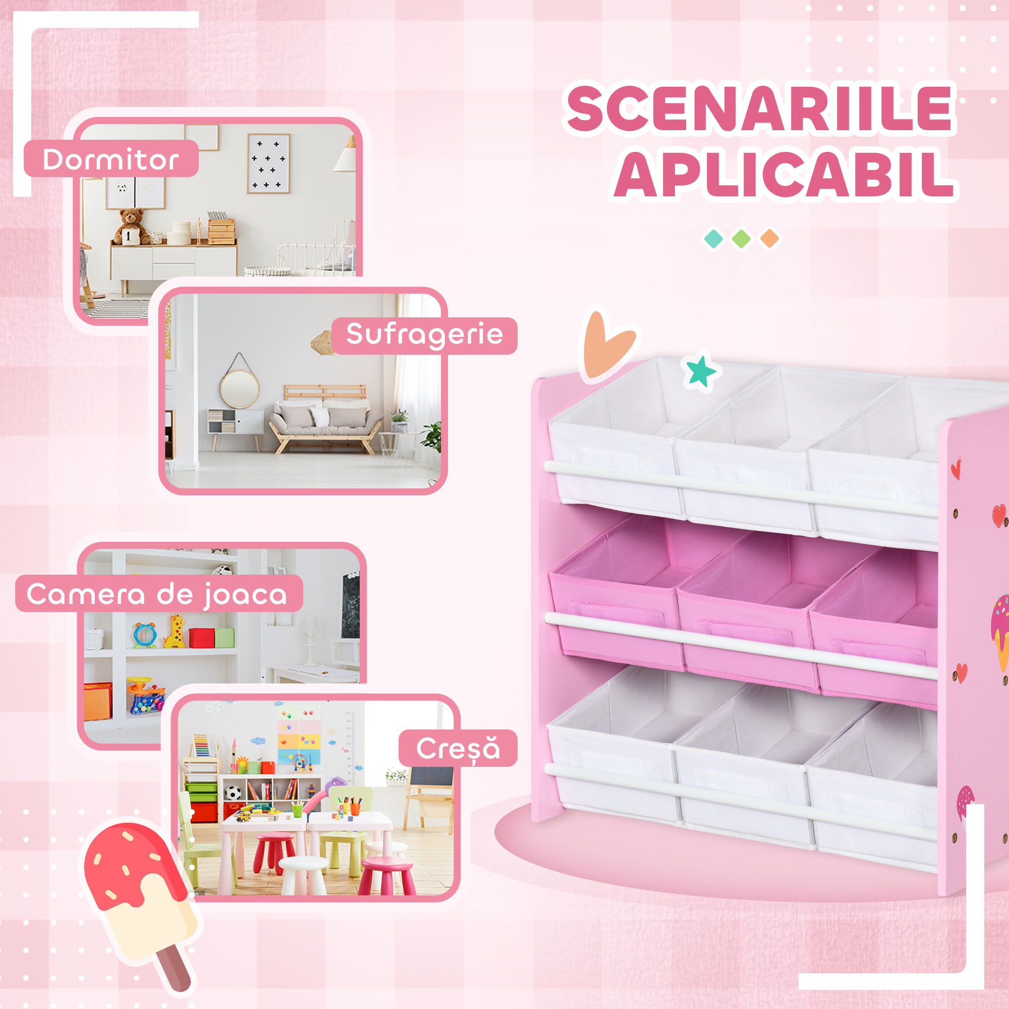 Dulapior de Jucarii cu 9 Cosuri Detasabile din MDF si Material Textil Roz [6]
