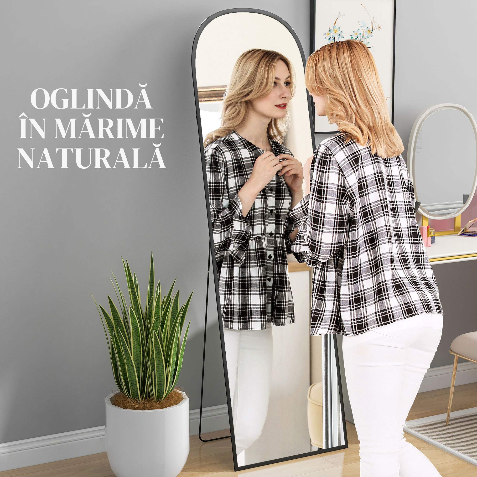  Oglinda de podea si perete moderna din aliaj de aluminiu cu suport pliabil, 50x170 cm, negru [3]