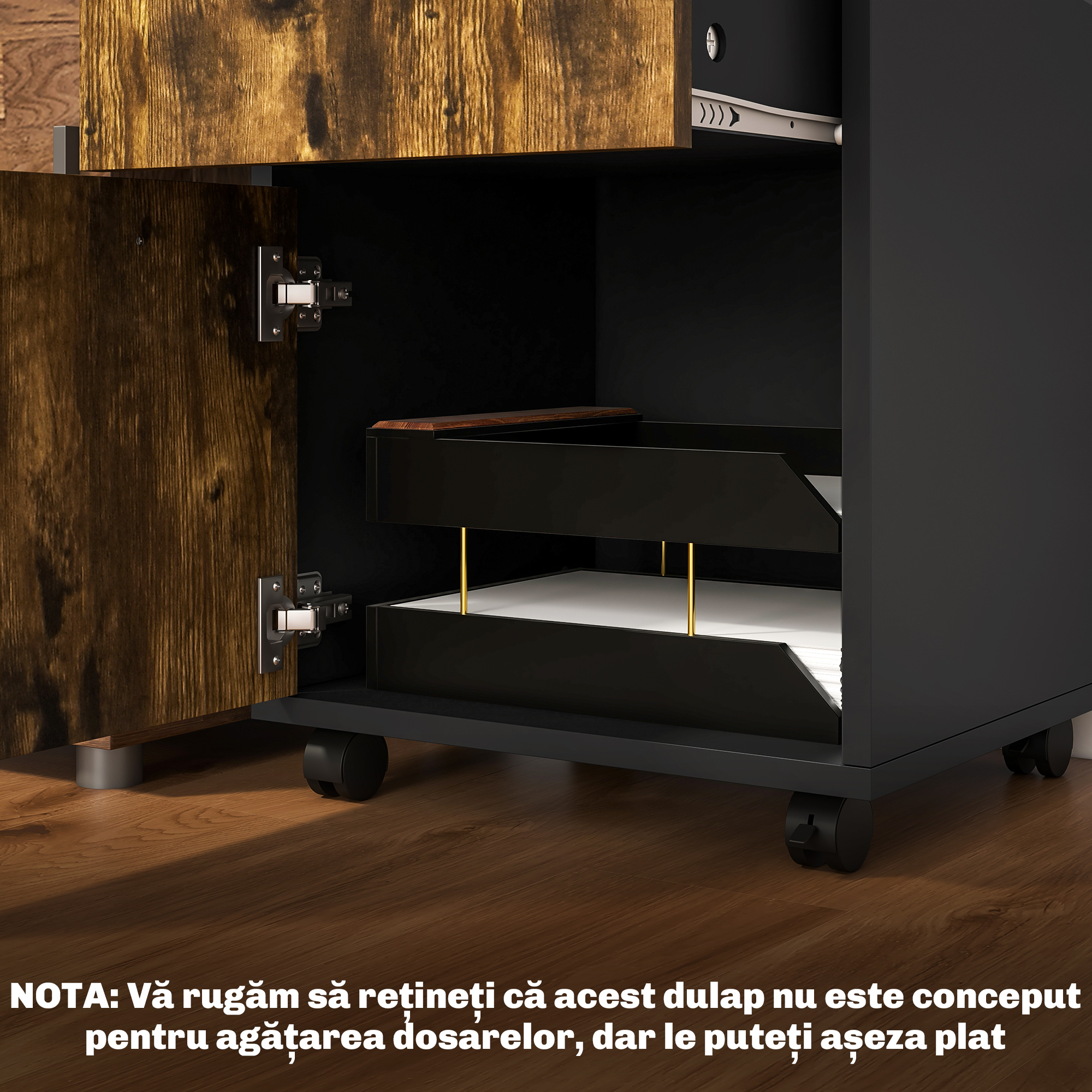  Comoda pentru documente cu sertar si raft, 4 roti, 40x35x60cm, maro si negru [6]