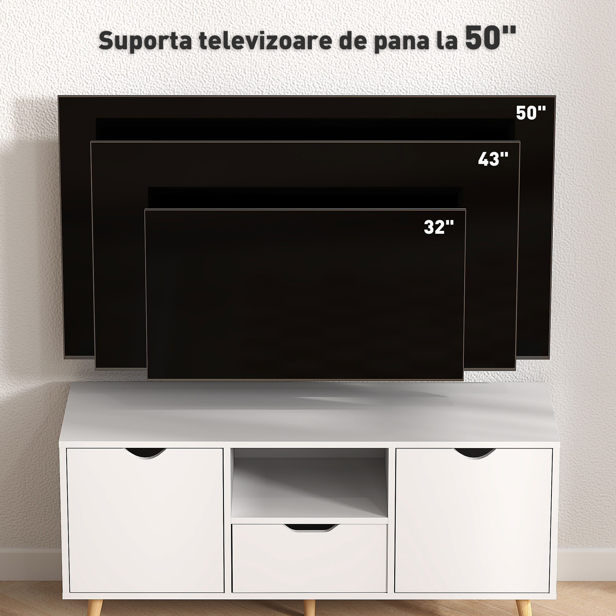  Mobilier TV de 50" cu Sertar, Raft Deschis si 2 Dulapuri, Mobilier TV cu 5 Picioare din Lemn, 110x40x50 cm, Alb [5]