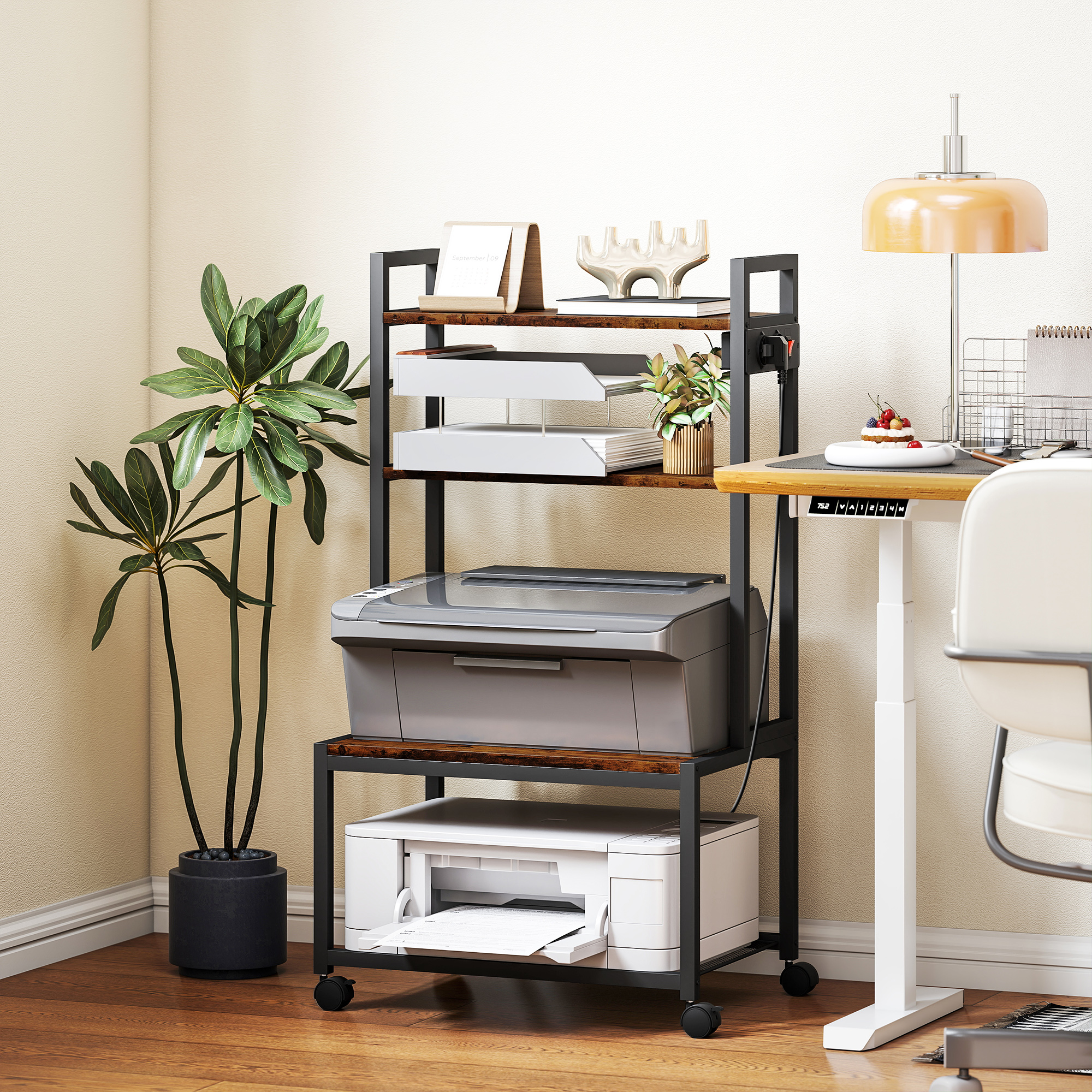  Raft Mobil pentru Imprimanta cu 4 Niveluri, Prize de Curent, Roti si Cadru din Metal, 55x37.5x100 cm, Maro [1]