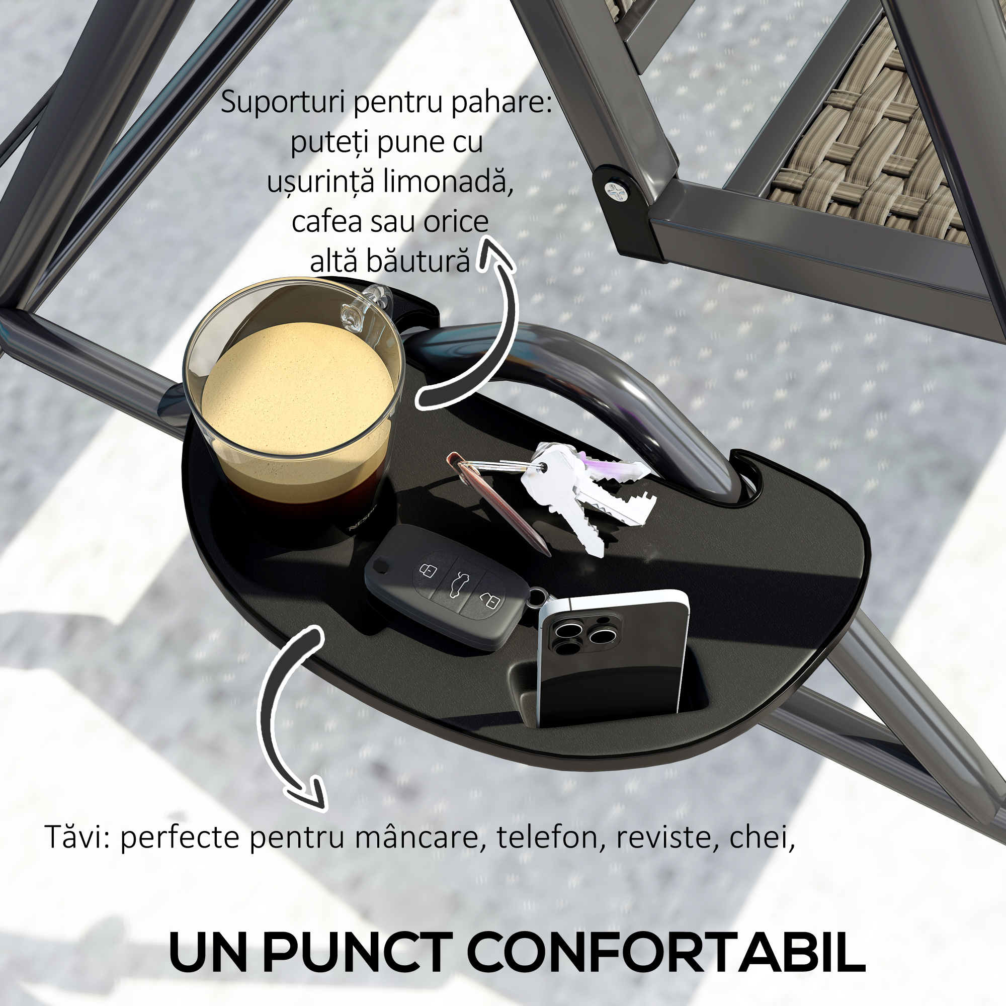  Balansoar de Gradina 3 Locuri din Ratan PE cu Acoperis Reglabil si Suporturi pentru Pahare, Balansoar de Exterior cu Cadru din Otel, Capacitate 320 kg, 204x112x150 cm, Gri [6]