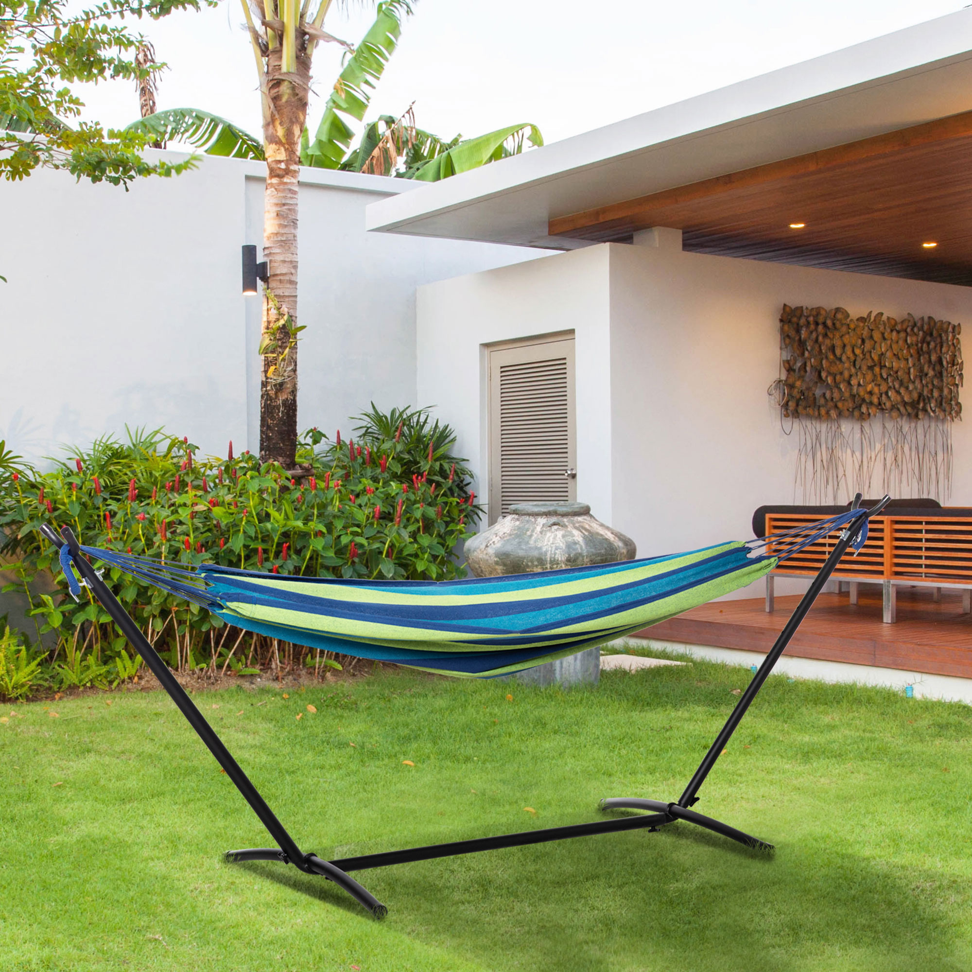  Hamac de Gradina Suspendat 310x117 cm cu inaltime Reglabila si Suport, Capacitate 120 kg, Hamac Autoportant cu Geanta de Transport, pentru Camping, Gradina, Balcon, Patio, Verde si Albastru [1]