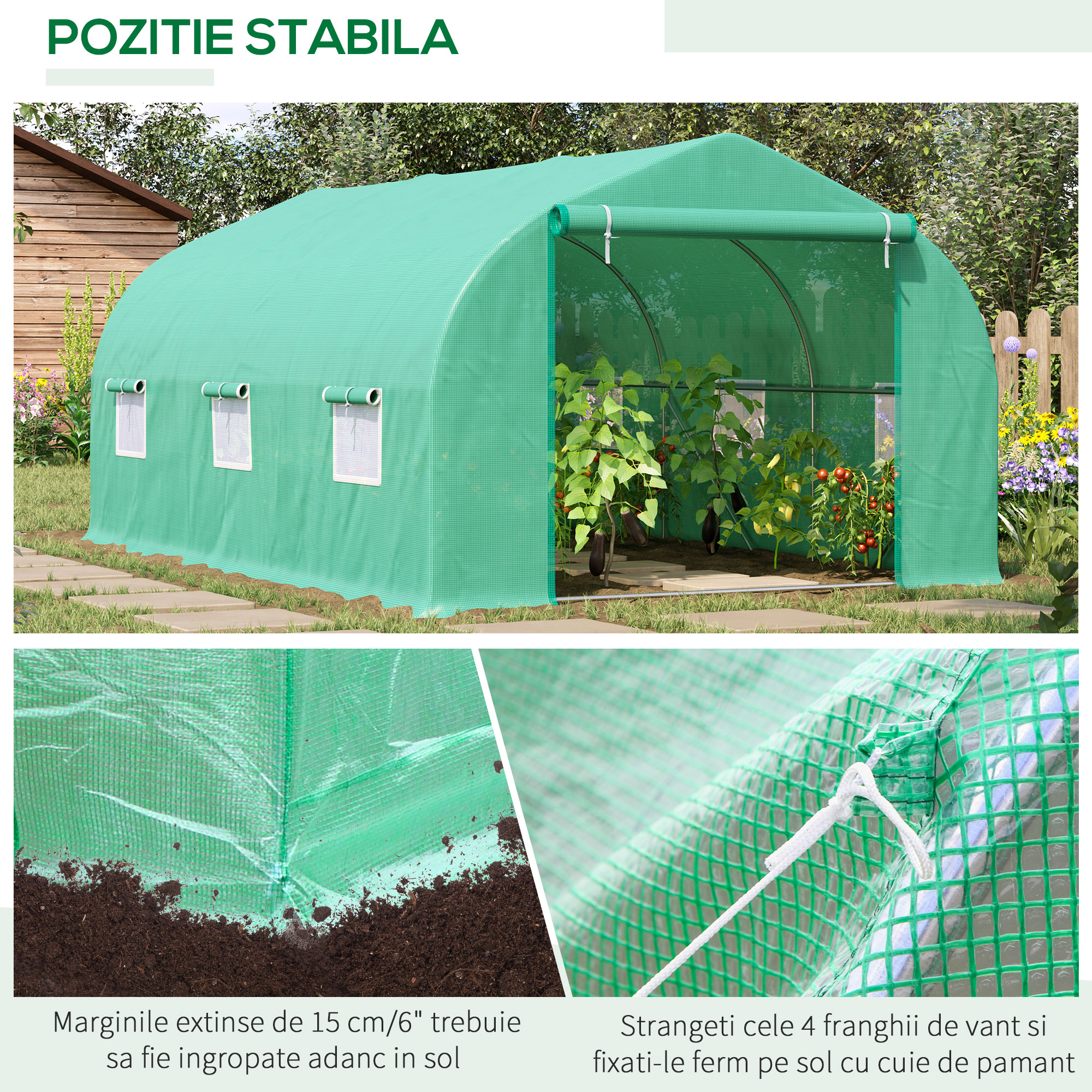  Sera pentru Gradina cu 6 Ferestre, Usa Rulanta si Acoperis invelit PE, 4,5x3x2 m, Verde inchis [5]