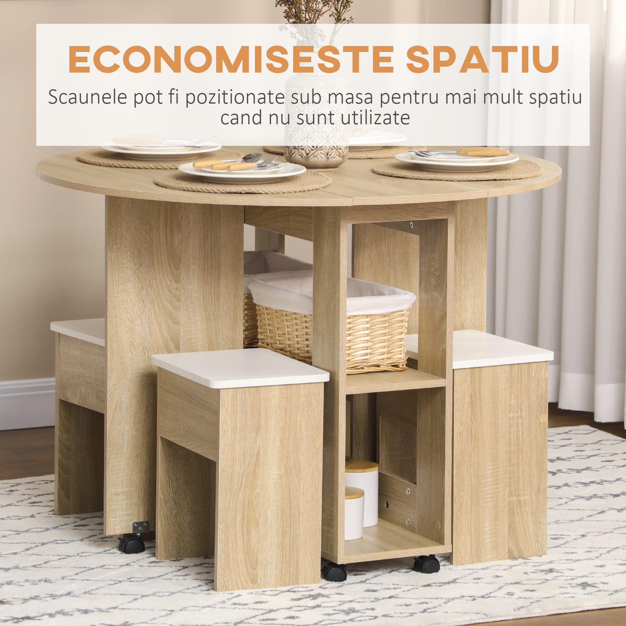  Set Masa si Scaune 5 Piese din PAL, Masa Rotunda cu 2 Rafturi Deschise si 4 Taburete Moderne [6]