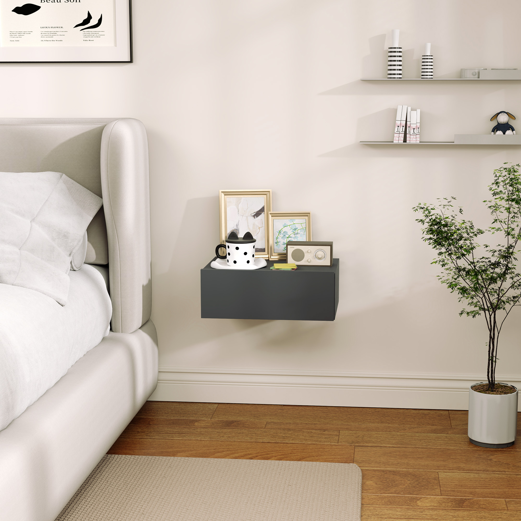  Noptiera Suspendata Moderna cu Sertar, din Lemn, 40x30x15 cm, Negru [7]