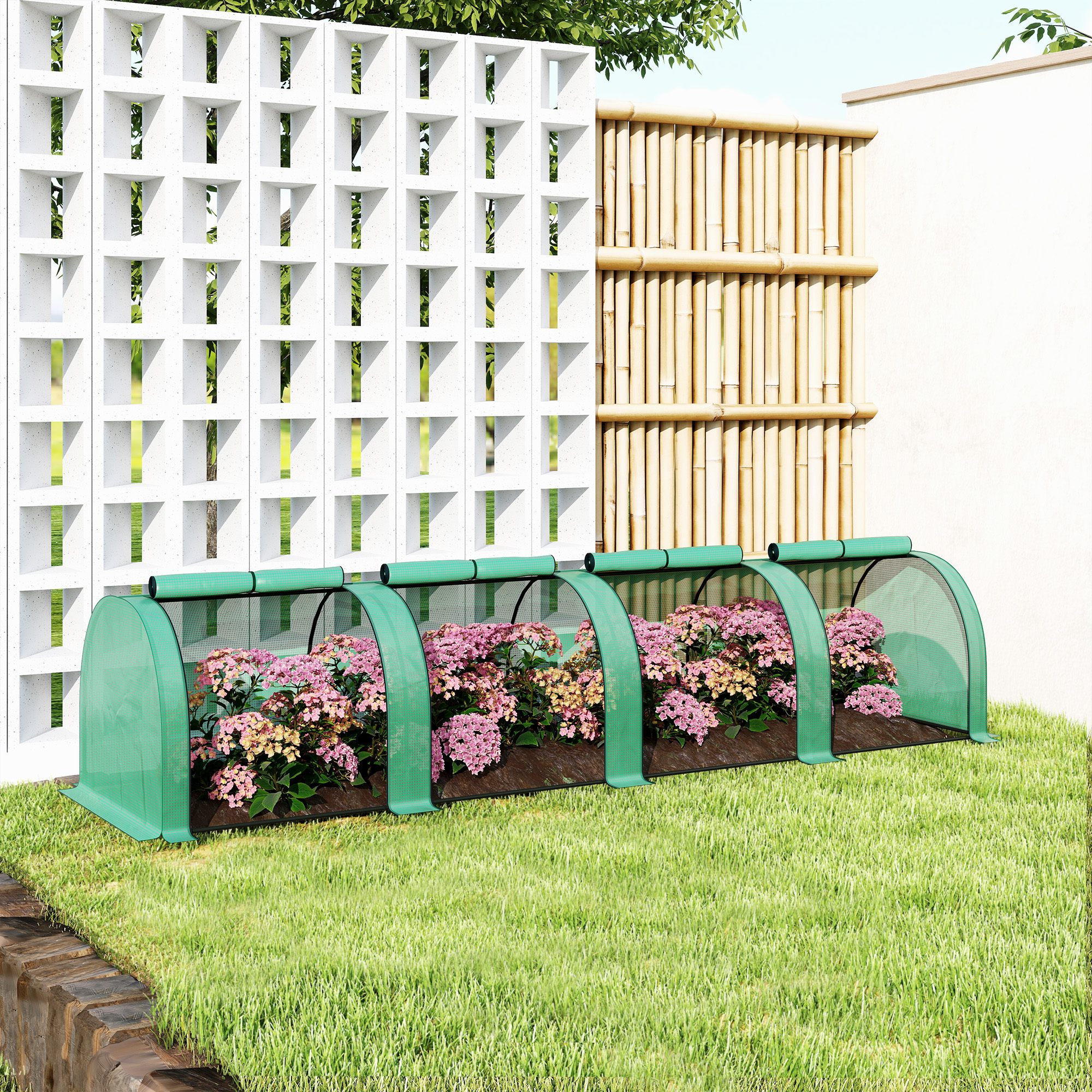  Sera Tip Tunel din Otel si Plastic Impermeabil Anti UV cu 4 Usi, 395x100x80 cm, Verde [8]