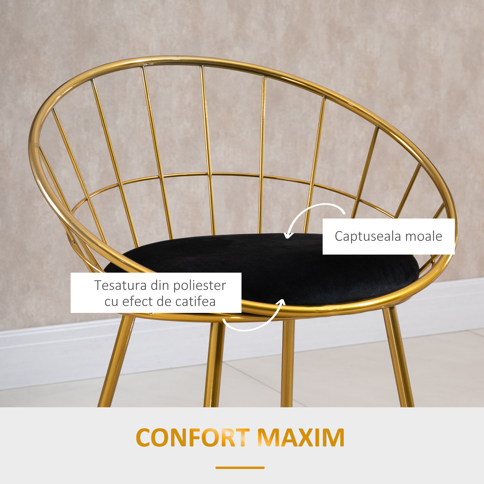  Set 2 Scaune Inalte, Suport pentru picioare, Perna de catifea, Poliester/Metal, 52.5x47x97cm, Negru/Auriu [5]