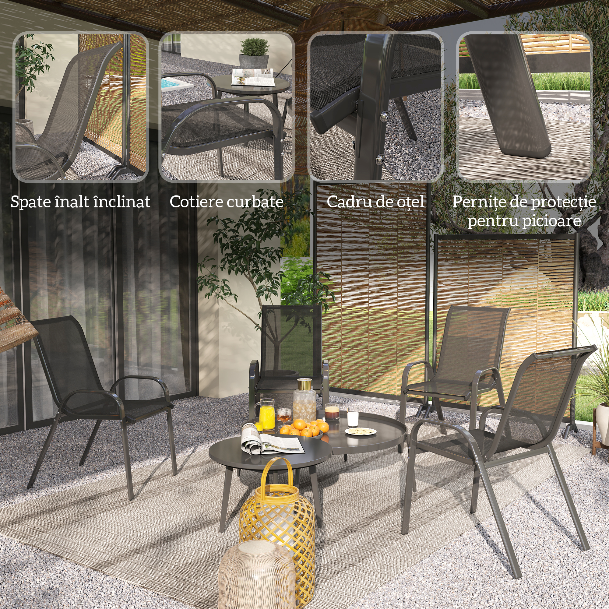  Set 4 Scaune de Gradina Stivuibile din Otel si tesatura de Plasa Respirabila, 54x71x93 cm, Negru [5]