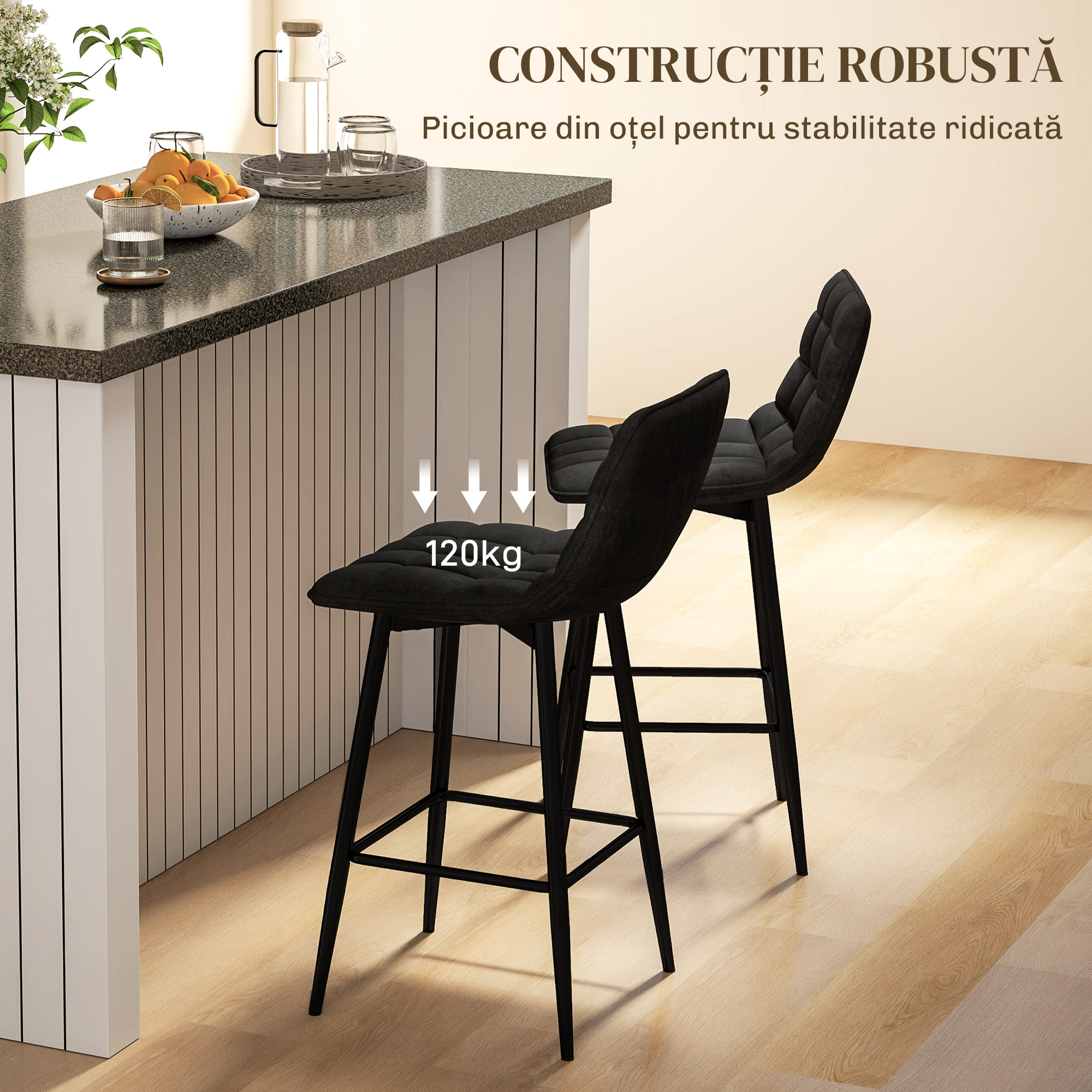  Set 2 Scaune de Bucatarie Stil Nordic din Material Textil cu Efect de Catifea si Metal, 45x47x84 cm, Negru [5]