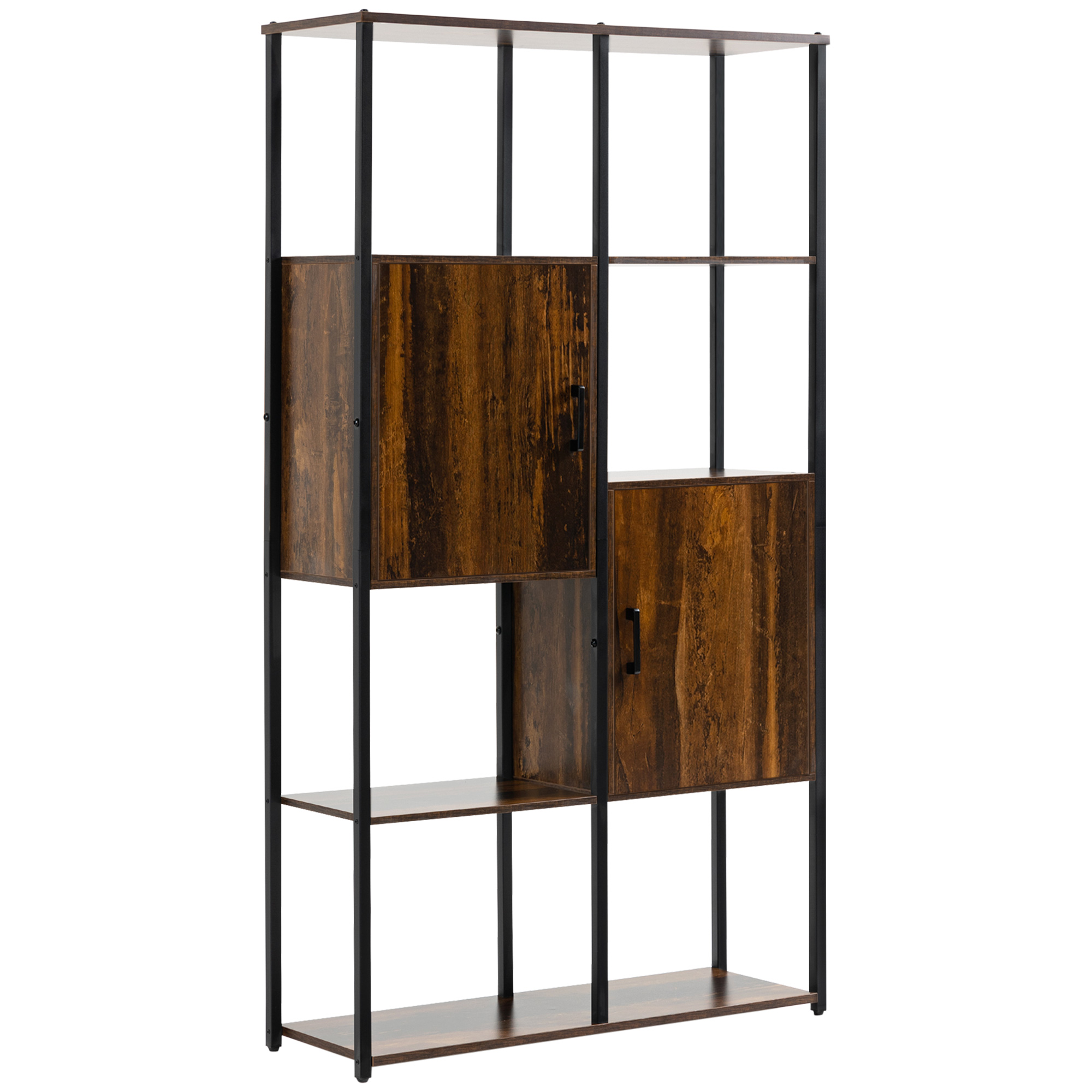 Mobila living -  Biblioteca in stil industrial modern cu 4 rafturi si 2 dulapuri, rafturi din metal si lemn pentru casa si birou, 90x30x159,5 cm, negru si maro
