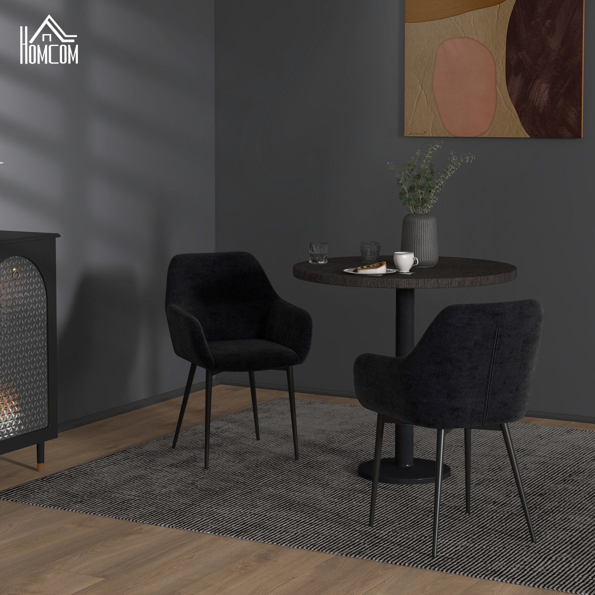  Set 2 Scaune Tapitate in Stil Nordic cu Brate si Picioare din Otel pentru Sufragerie, 54x57x80 cm, Negru [1]