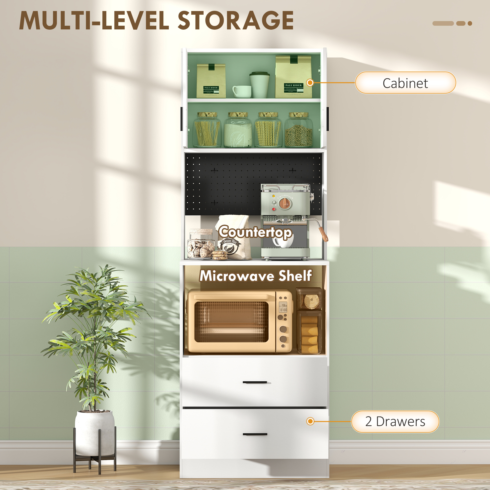  Dulap pentru Microunde cu Dulap, Blat de Lucru, Mobila de Bucatarie cu 2 Sertare, Panou Metalic, 4 Carlige, Raft Reglabil pentru Bucatarie, Sala de Masa, Living, Alb [3]