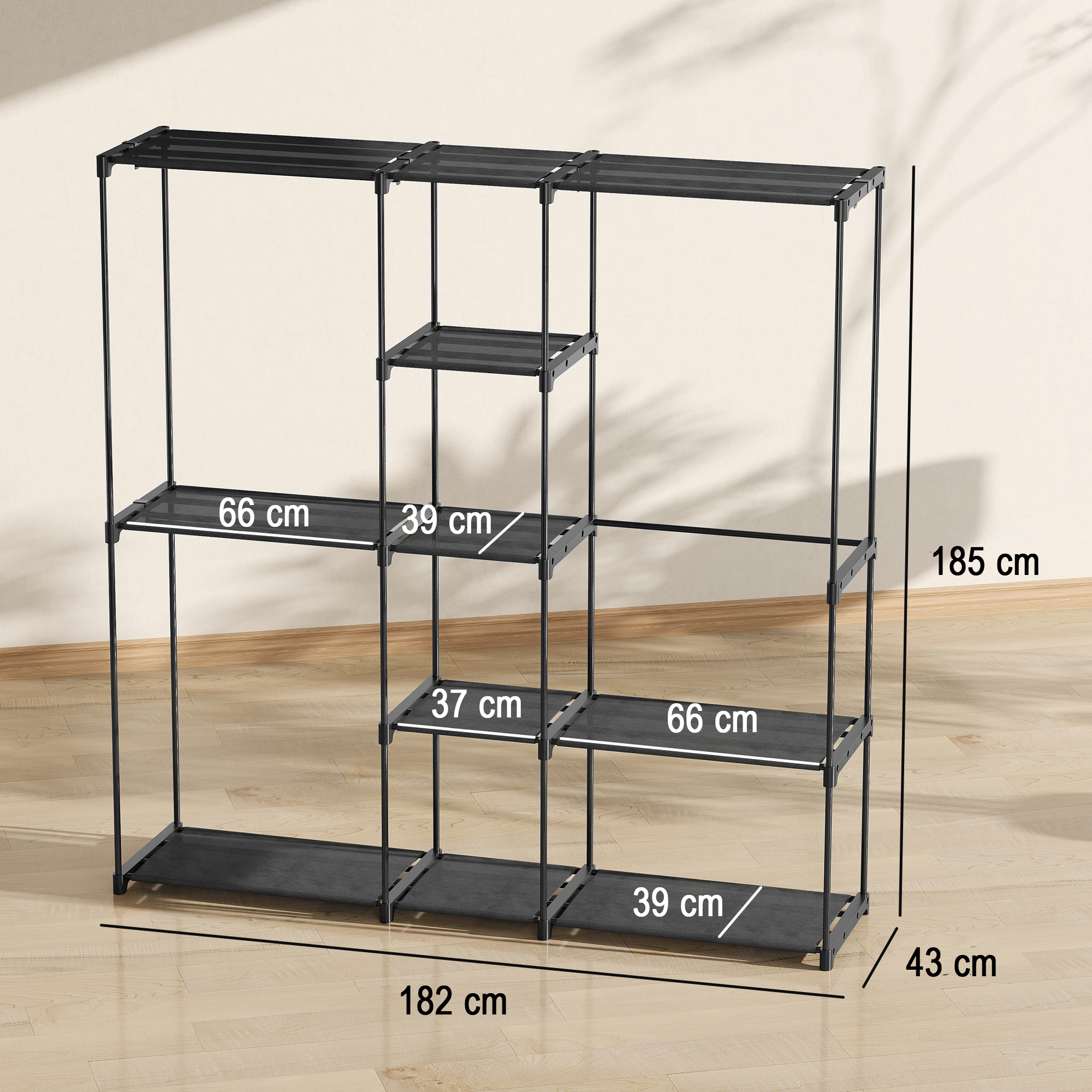  Dulap Garderoba din Material Textil cu 8 Rafturi si 3 Bare pentru Umerase, 182x43x185 cm, Negru [2]