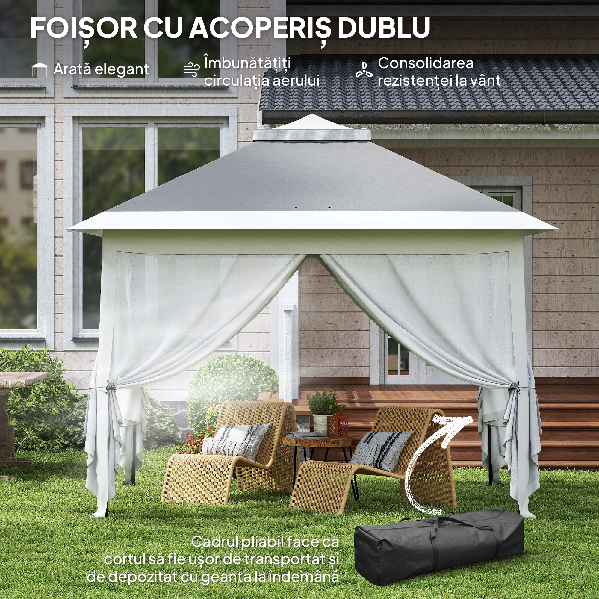  Foisor Pliabil cu Plasa de tantari, Baldachin Dublu, inaltime Reglabila si Geanta, 330x330x288 cm, Bej [3]