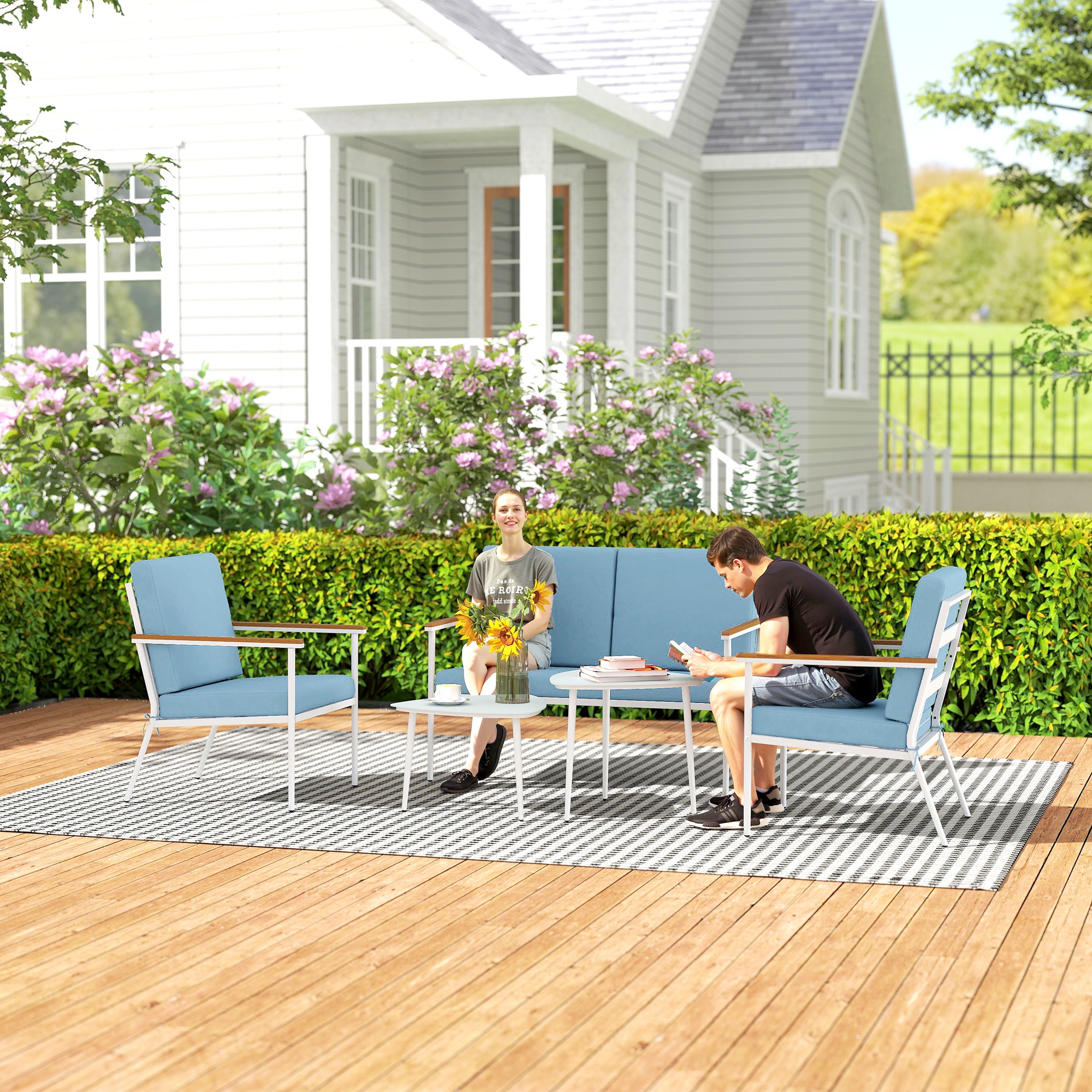  Set de Exterior cu Canapea de 2 Locuri, 2 Fotolii si 2 Masute de Cafea cu Blat din Sticla, Albastru [7]