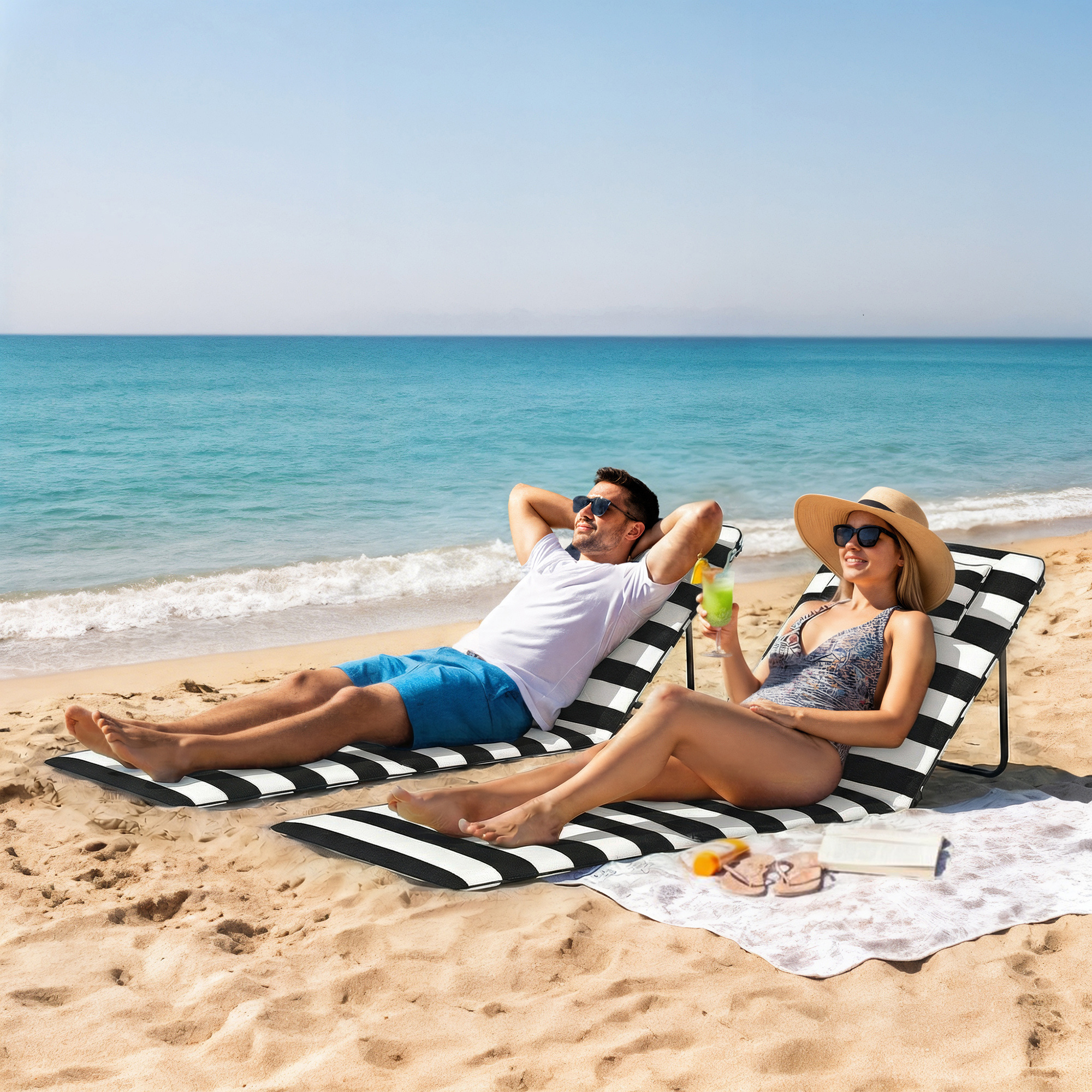  Set 2 sezlonguri de Plaja cu Tetiera Captusita, din Metal si tesatura Oxford, 150x50x2 cm, Gri si Alb [1]