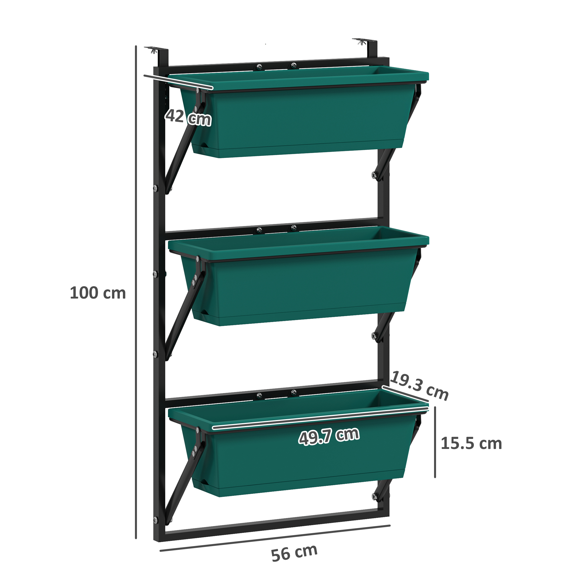  Jardiniera Verticala pentru Exterior cu 3 Niveluri si Ghivece cu Orificii de Drenaj, 56x42x100 cm, Verde [2]