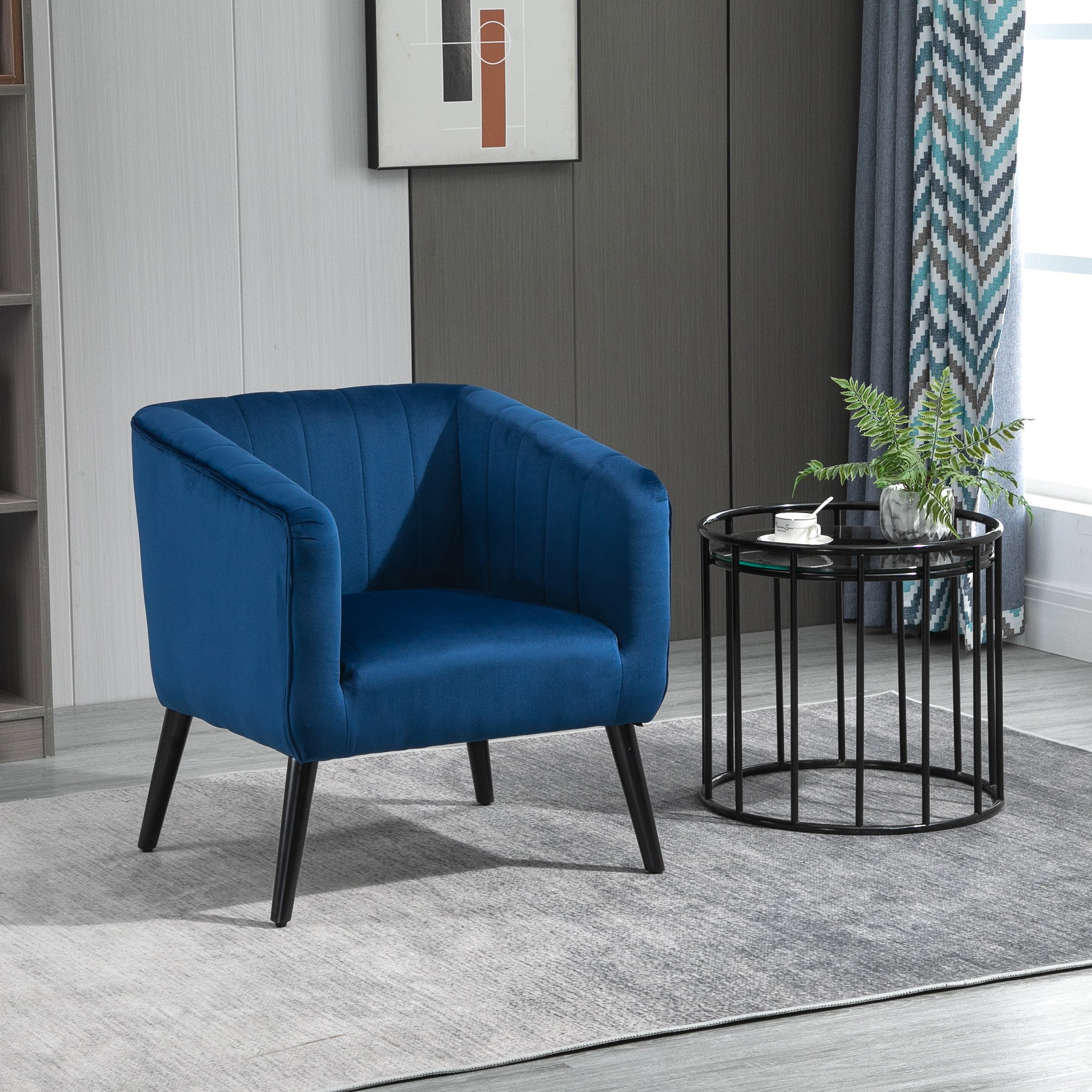  Fotoliu Modern Stil Nordic Invelis din Catifea si Picioare din Lemn, Albastru, 70.5x70x76cm [1]