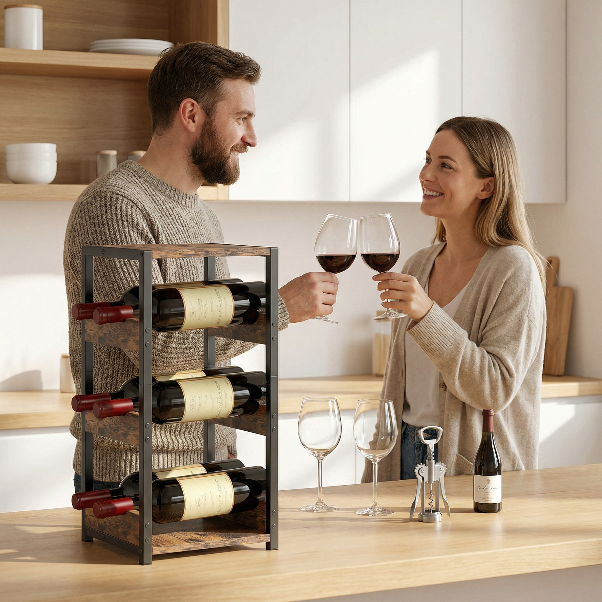  Suport pentru Sticle, Rafturi Ondulate, Picioare Reglabile, Maro Rustic, Negru [7]